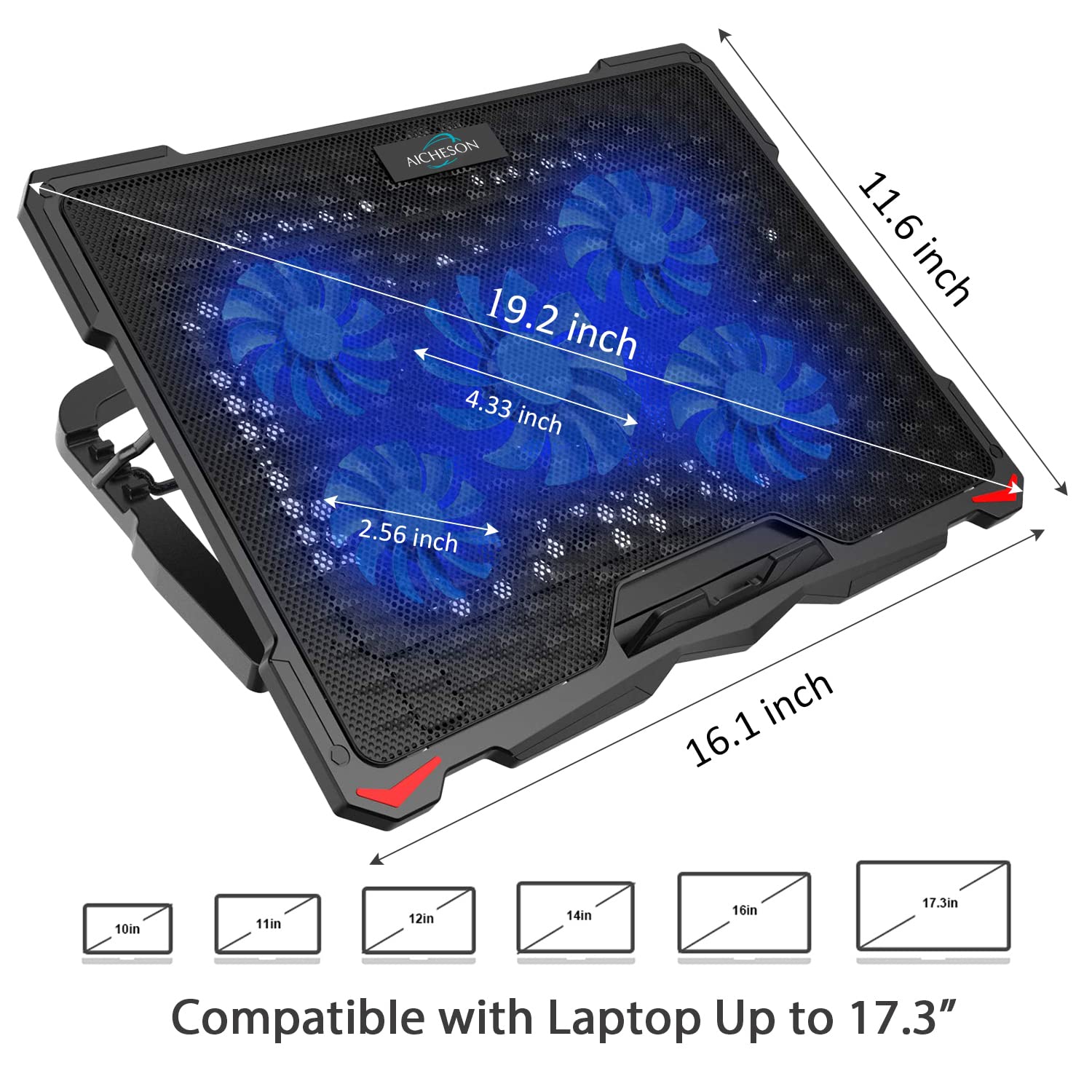 AICHESON Laptop Cooling Pad 5 Fans Up to 17.3 Inch Heavy Notebook Cooler, Blue LED Lights, 2 USB Ports, S035