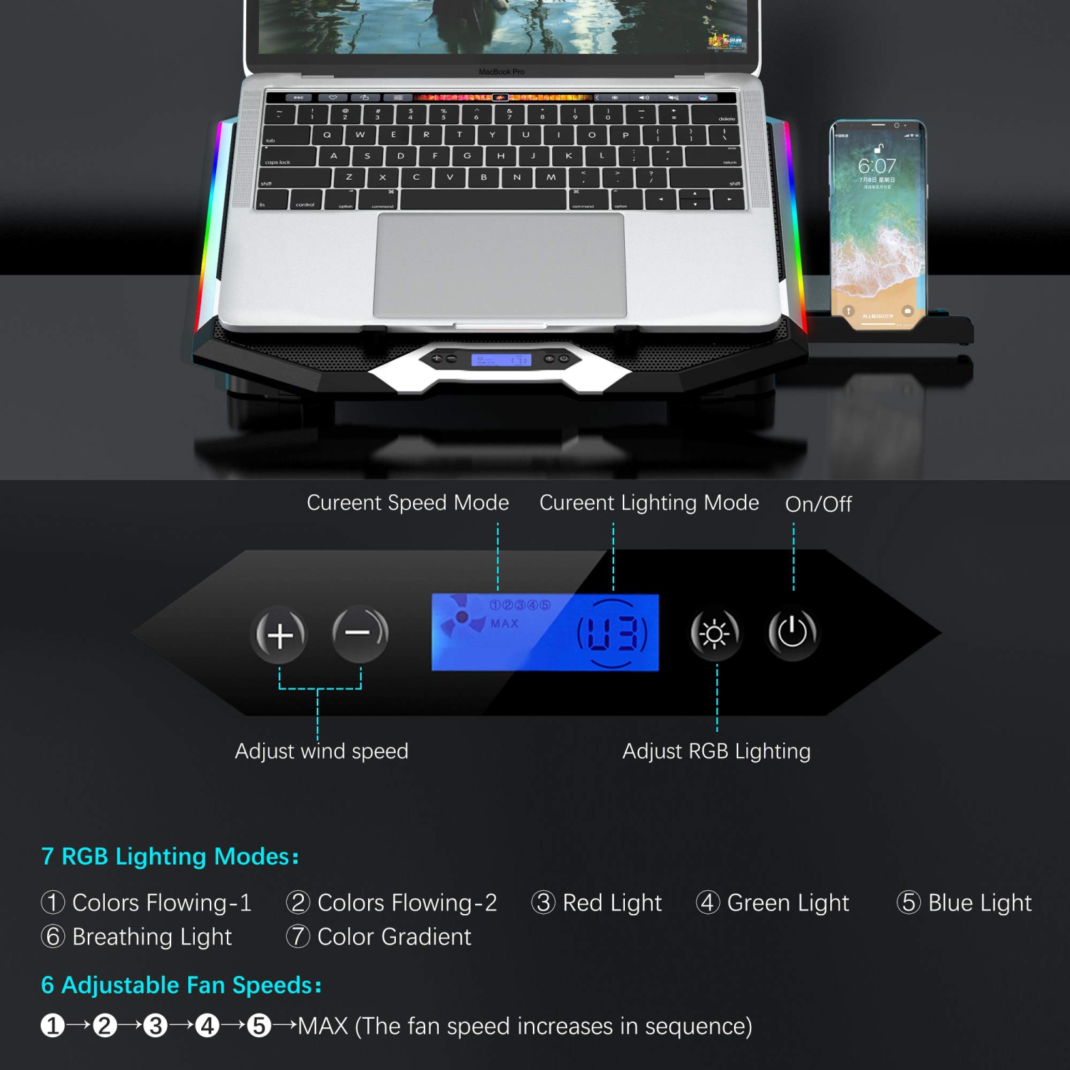 TopMate C11 Laptop Cooling Pad RGB Gaming Notebook Cooler, Laptop Fan Stand Adjustable Height with 6 Quiet Fans and Phone Ho