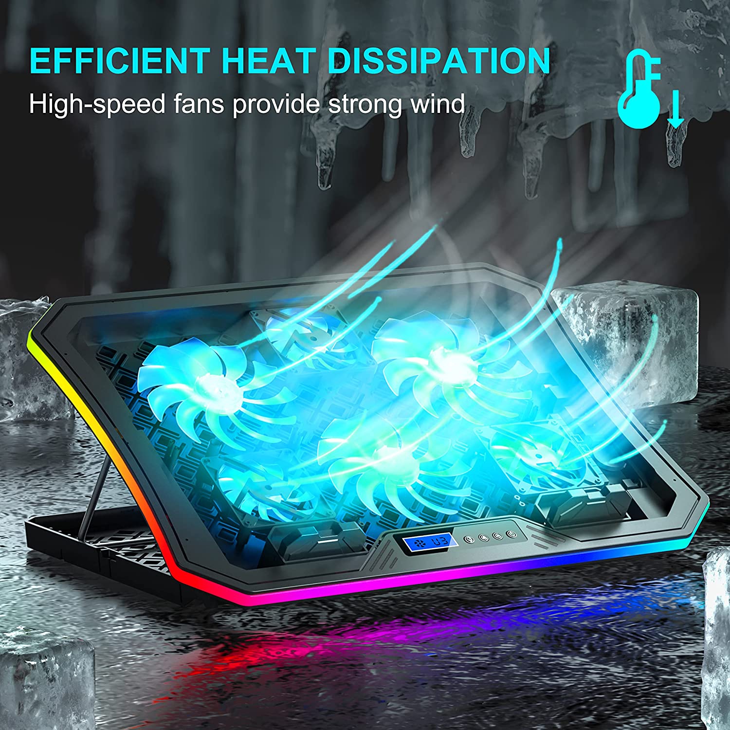 HLD Laptop Cooler Pad with 6 Cooling Fans & RGB LED Lights 7 Ergonomic Stands 8 Modes