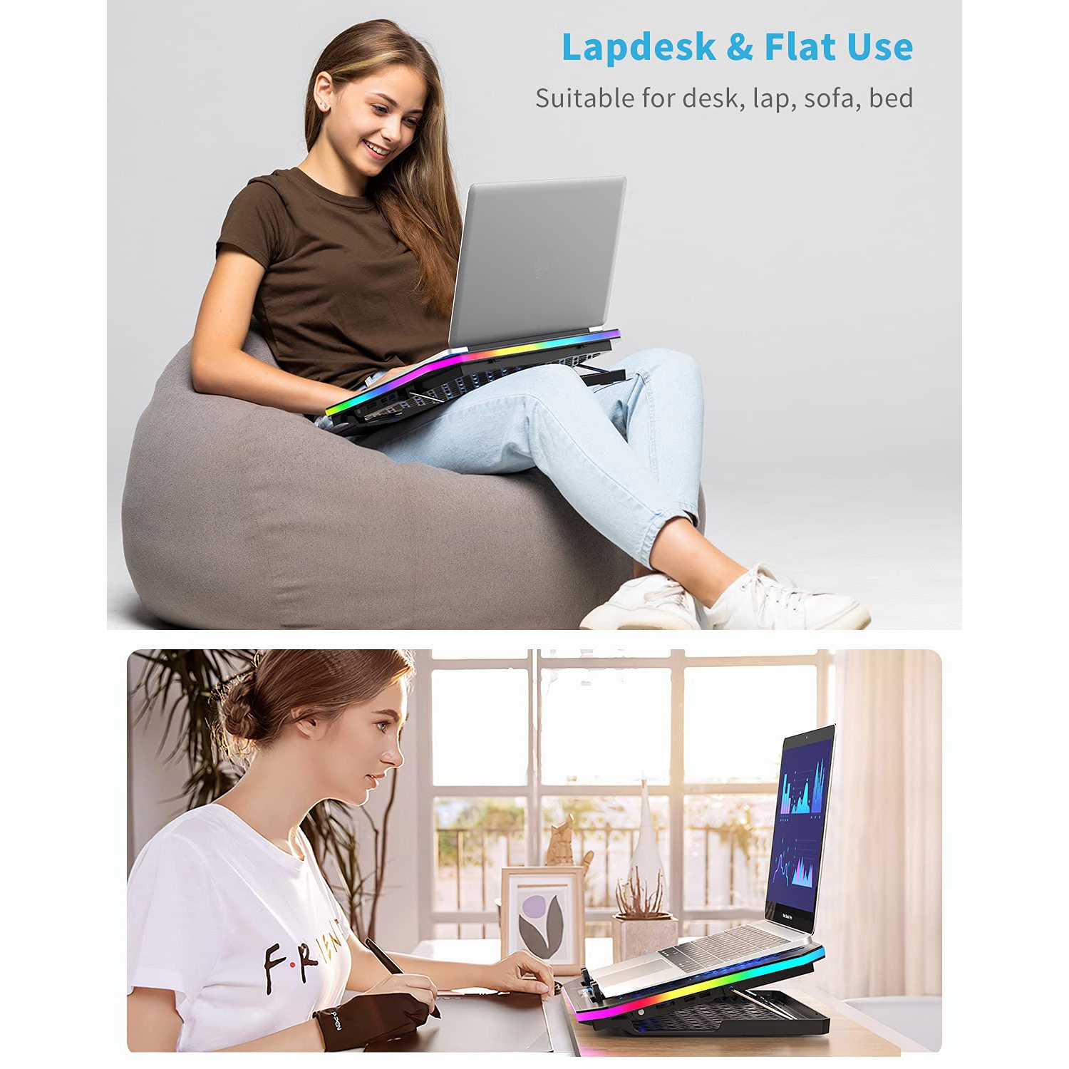 HLD Laptop Cooler Pad with 6 Cooling Fans & RGB LED Lights 7 Ergonomic Stands 8 Modes