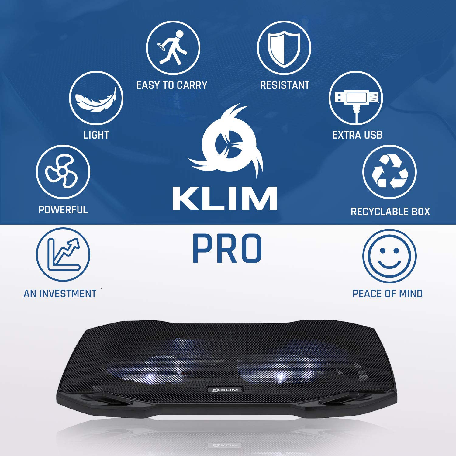?? KLIM Pro Laptop Cooling Pad - The Most Powerful Slim PC Fan Cooler for Computer - Rapid Cooling Action - 2 Fans Ventilate