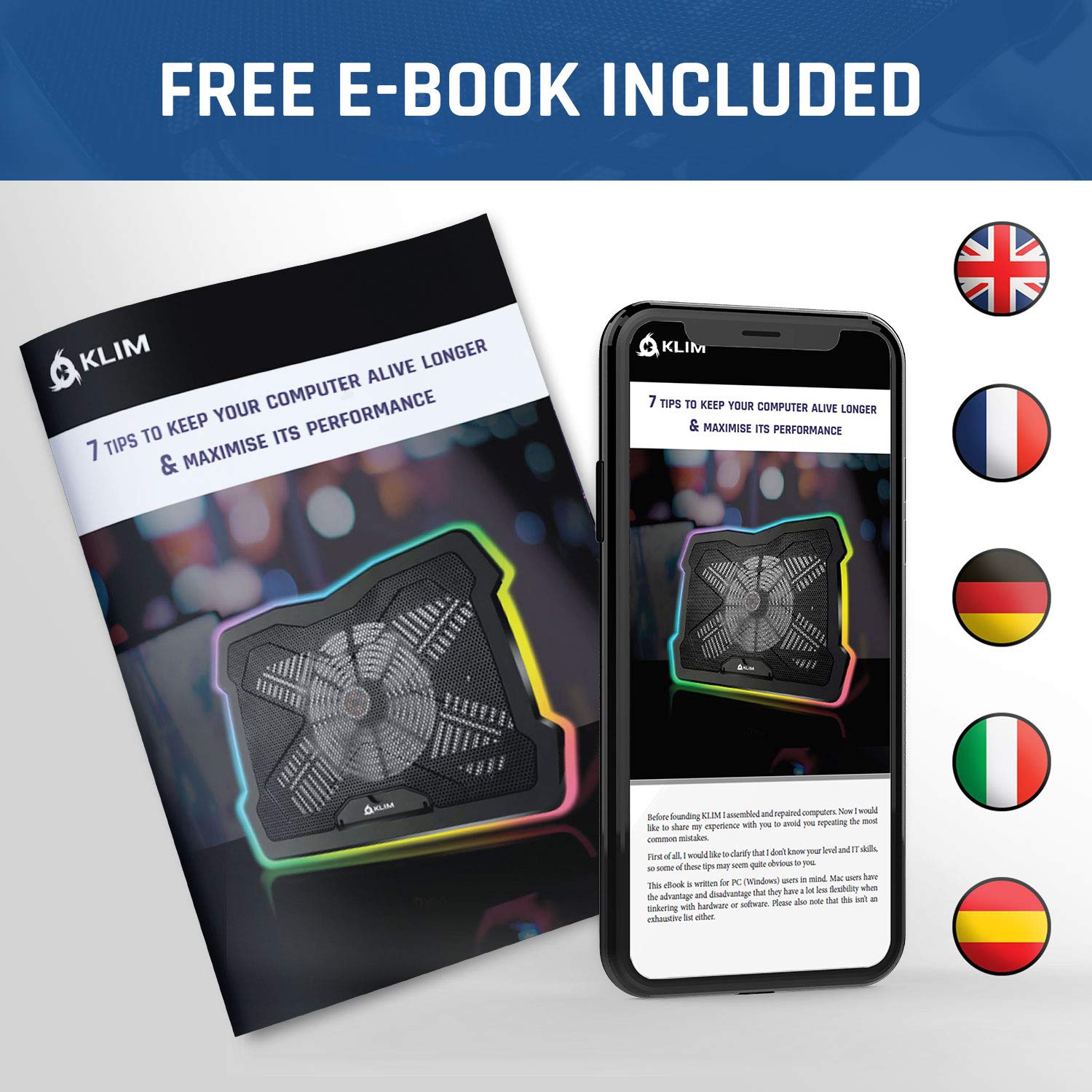 ?? KLIM Pro Laptop Cooling Pad - The Most Powerful Slim PC Fan Cooler for Computer - Rapid Cooling Action - 2 Fans Ventilate