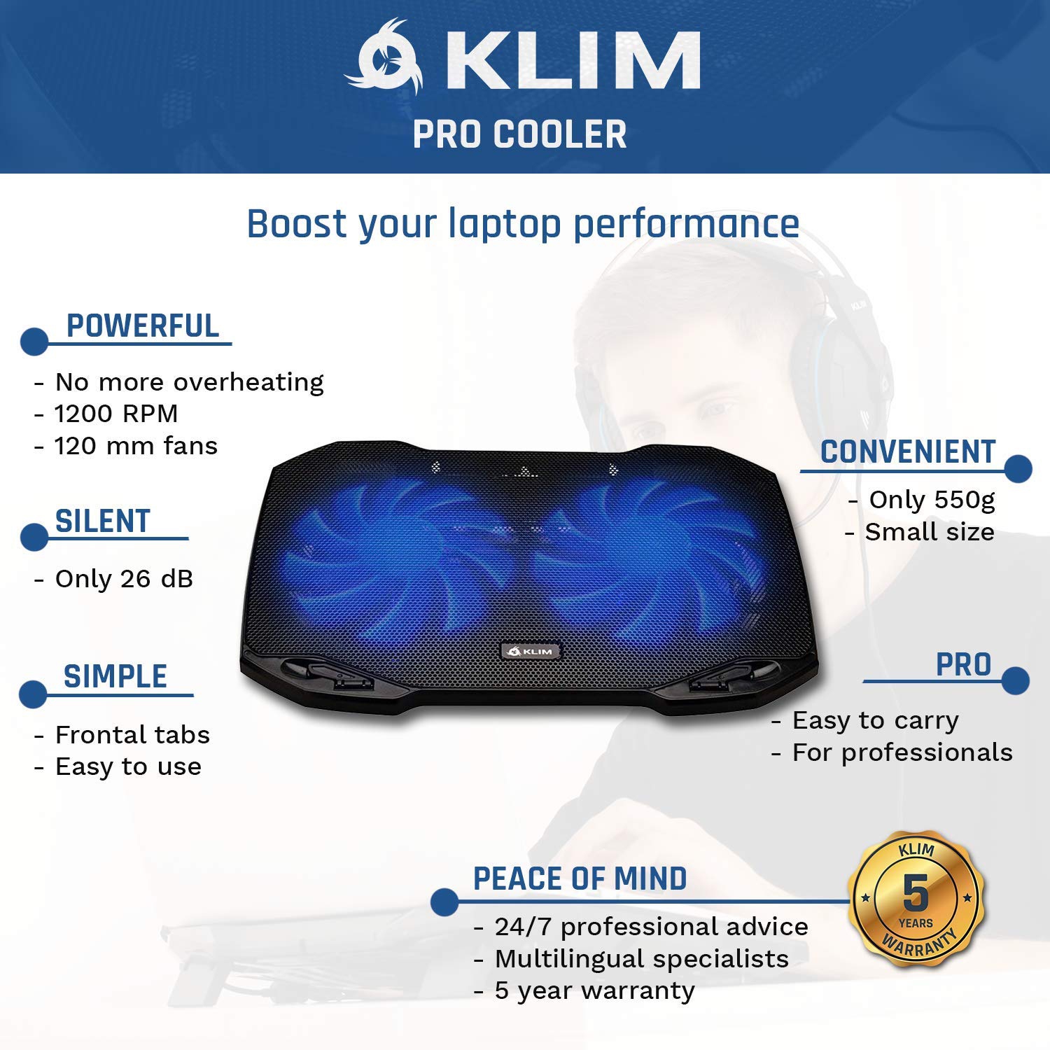 KLIM Pro - The Laptop Cooling Pad for Professionals + Light, Compact, Easy to Carry, Durable + 10” to 15,6” + Extra USB Port