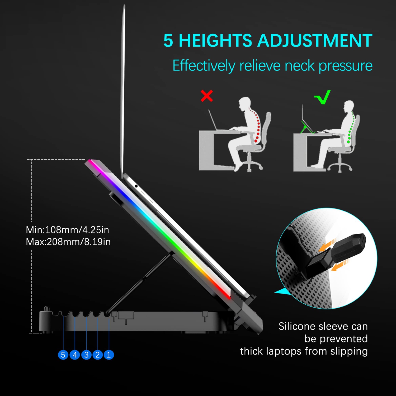 TopMate C11 Laptop Cooling Pad RGB Gaming Notebook Cooler, Laptop Fan Stand Adjustable Height with 6 Quiet Fans and Phone Ho