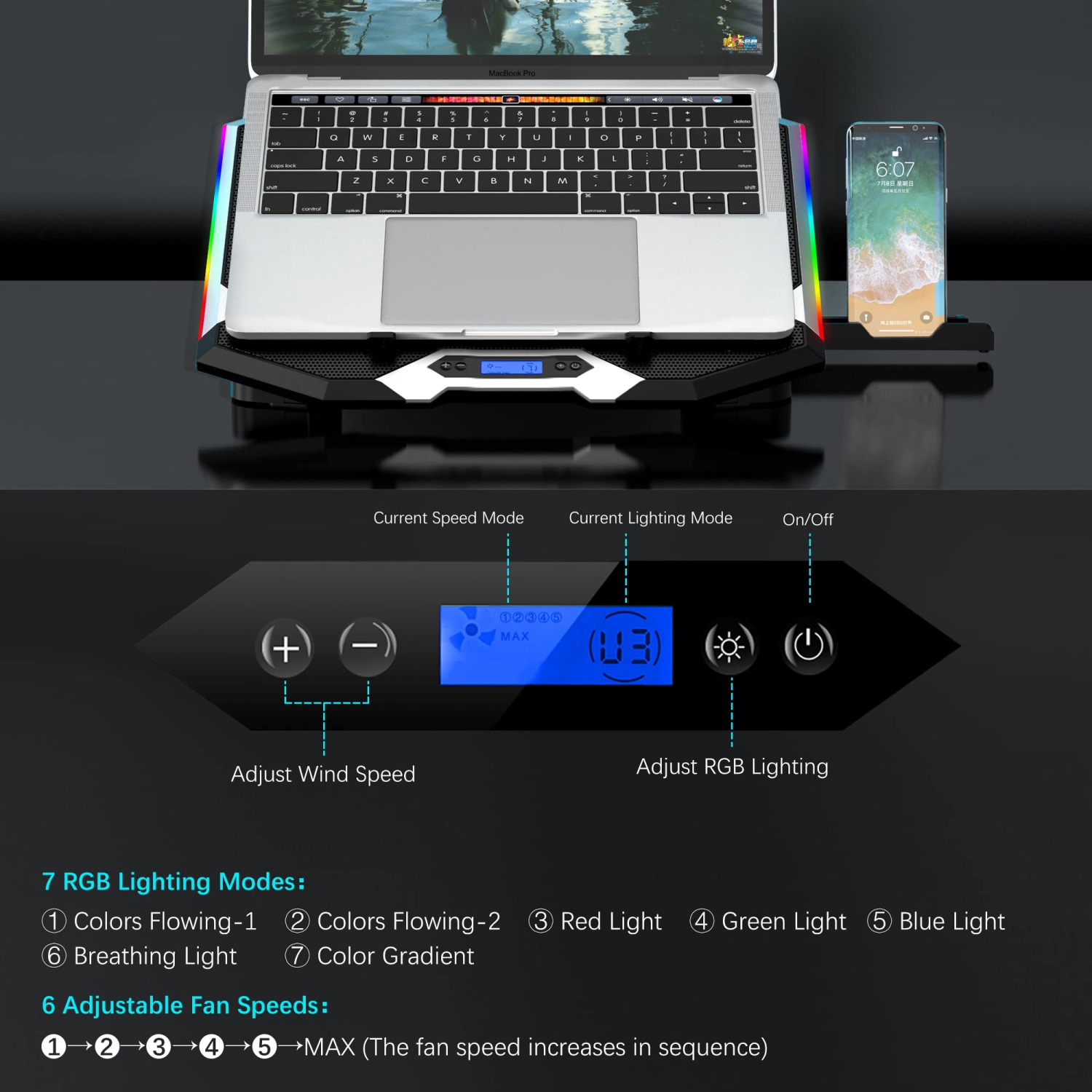 TopMate C11 Laptop Cooling Pad RGB Gaming Notebook Cooler, Laptop Fan Stand Adjustable Height with 6 Quiet Fans and Phone Ho