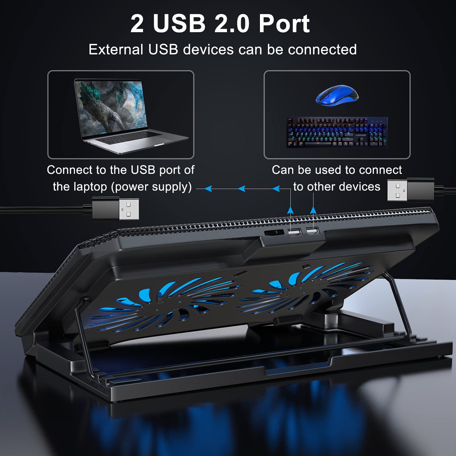 LIENS – Tapis de refroidissement pour ordinateur portatif à hauteur réglable, deux ports USB de 5.1 po, 2 ports USB, convient aux ordinateurs