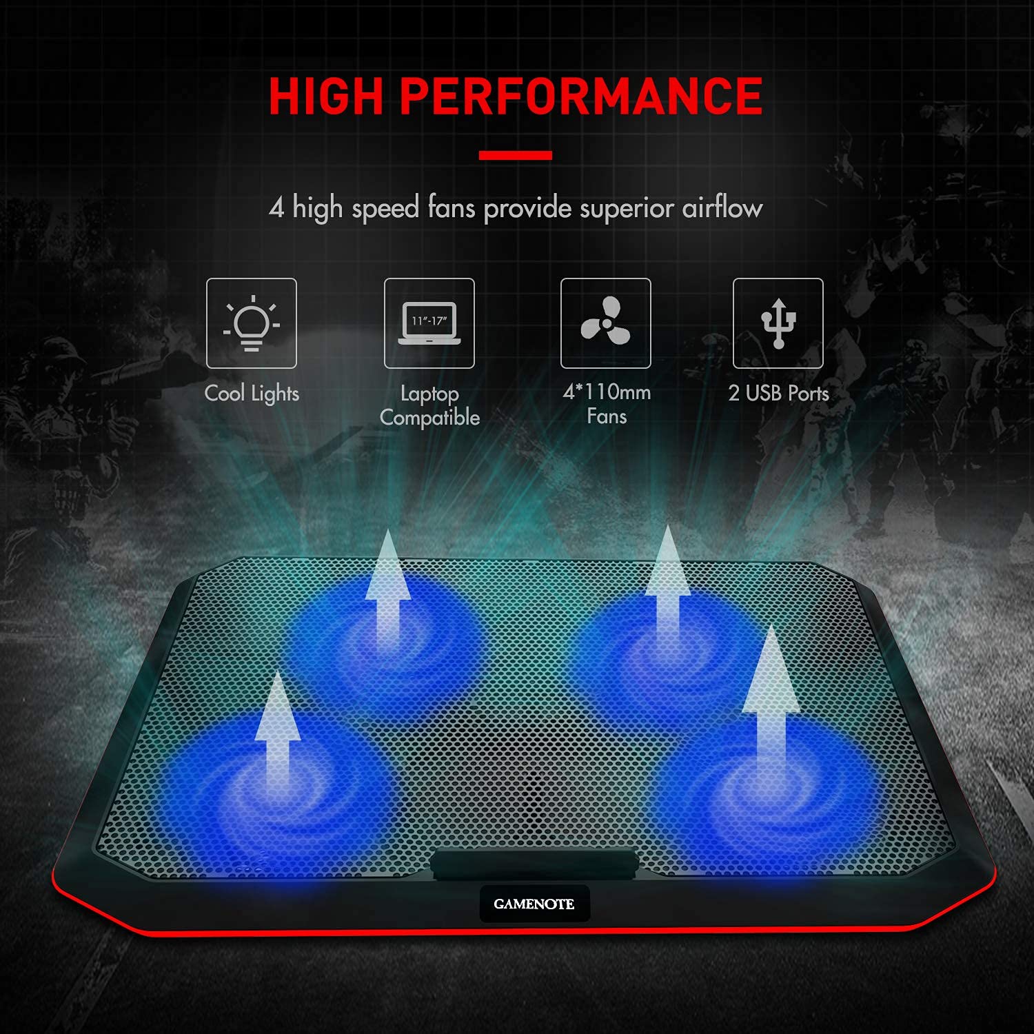 Gamenote Laptop Cooling Pad with 4 Fans for Up to 17 Inch Laptop, Cooler Pad with Blue LED Light, Dual 2 USB Ports and Adjus
