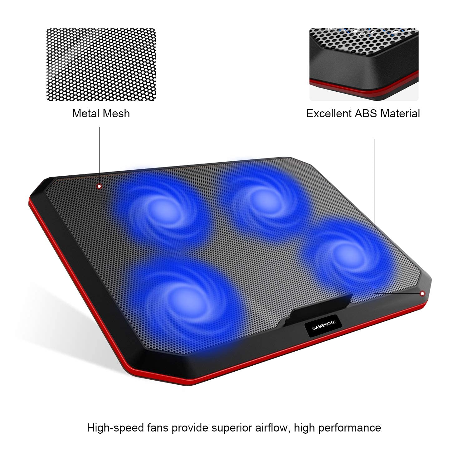 Gamenote Laptop Cooling Pad with 4 Fans for Up to 17 Inch Laptop, Cooler Pad with Blue LED Light, Dual 2 USB Ports and Adjus
