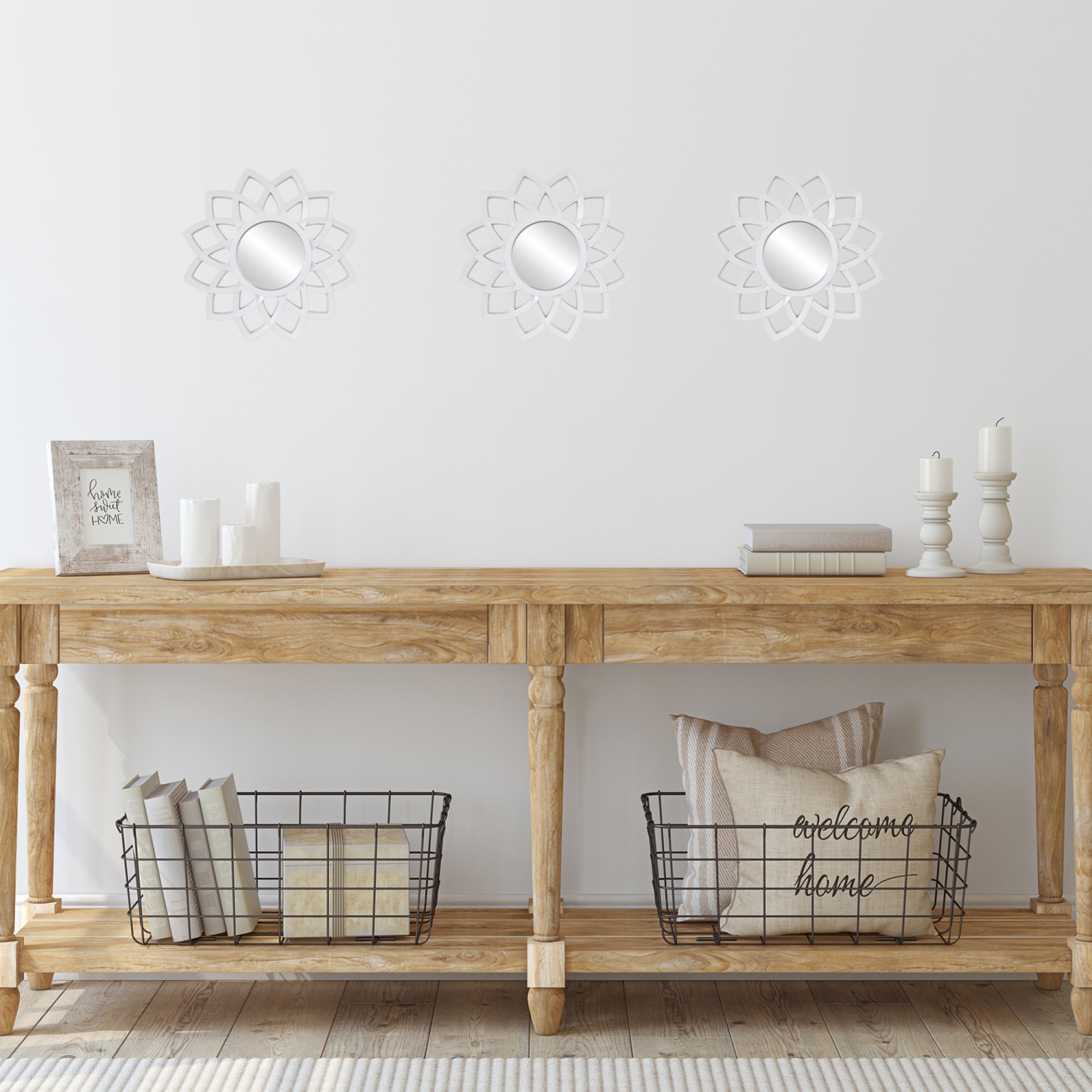 Set of 3 Arched Floral Matte White Wall Mirrors 9.5"