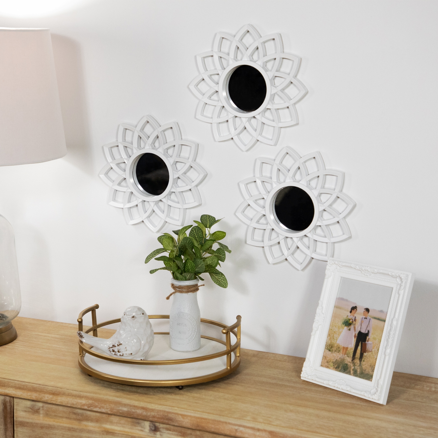Set of 3 Arched Floral Matte White Wall Mirrors 9.5"