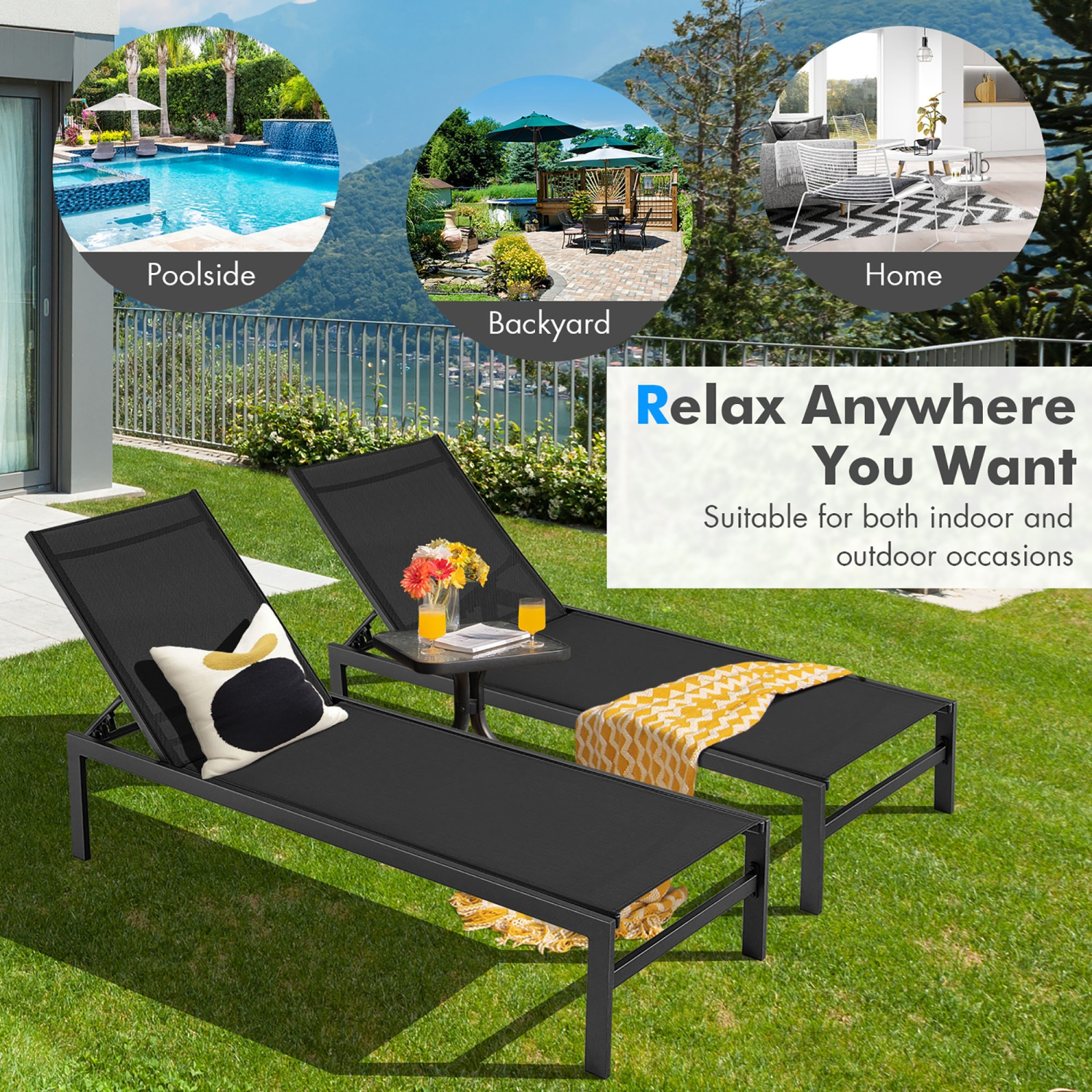 Gymax 2PCS Patio Chaise Lounge Adjustable Lounge Chair W/ 6-Position Backrest Black