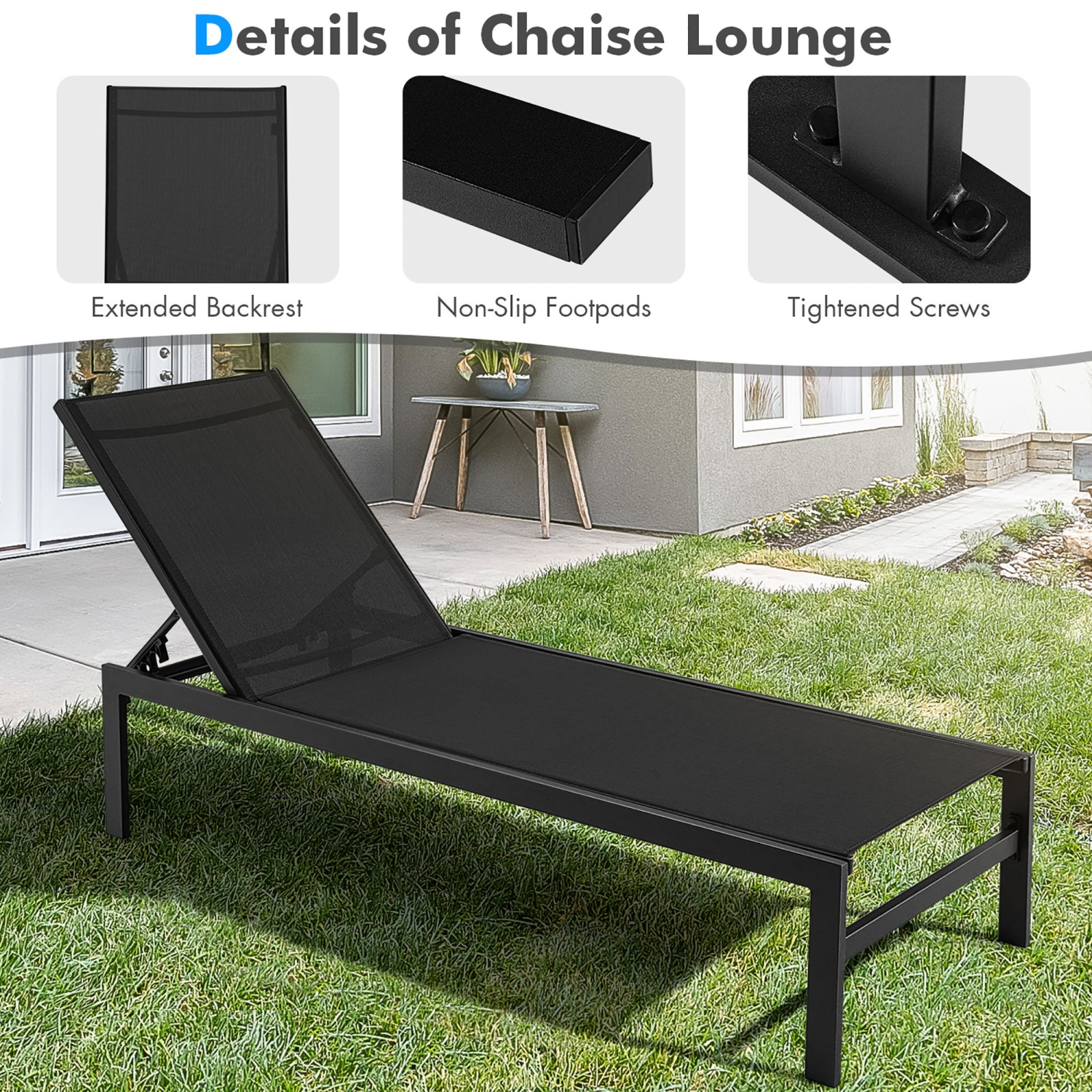 Gymax 2PCS Patio Chaise Lounge Adjustable Lounge Chair W/ 6-Position Backrest Black