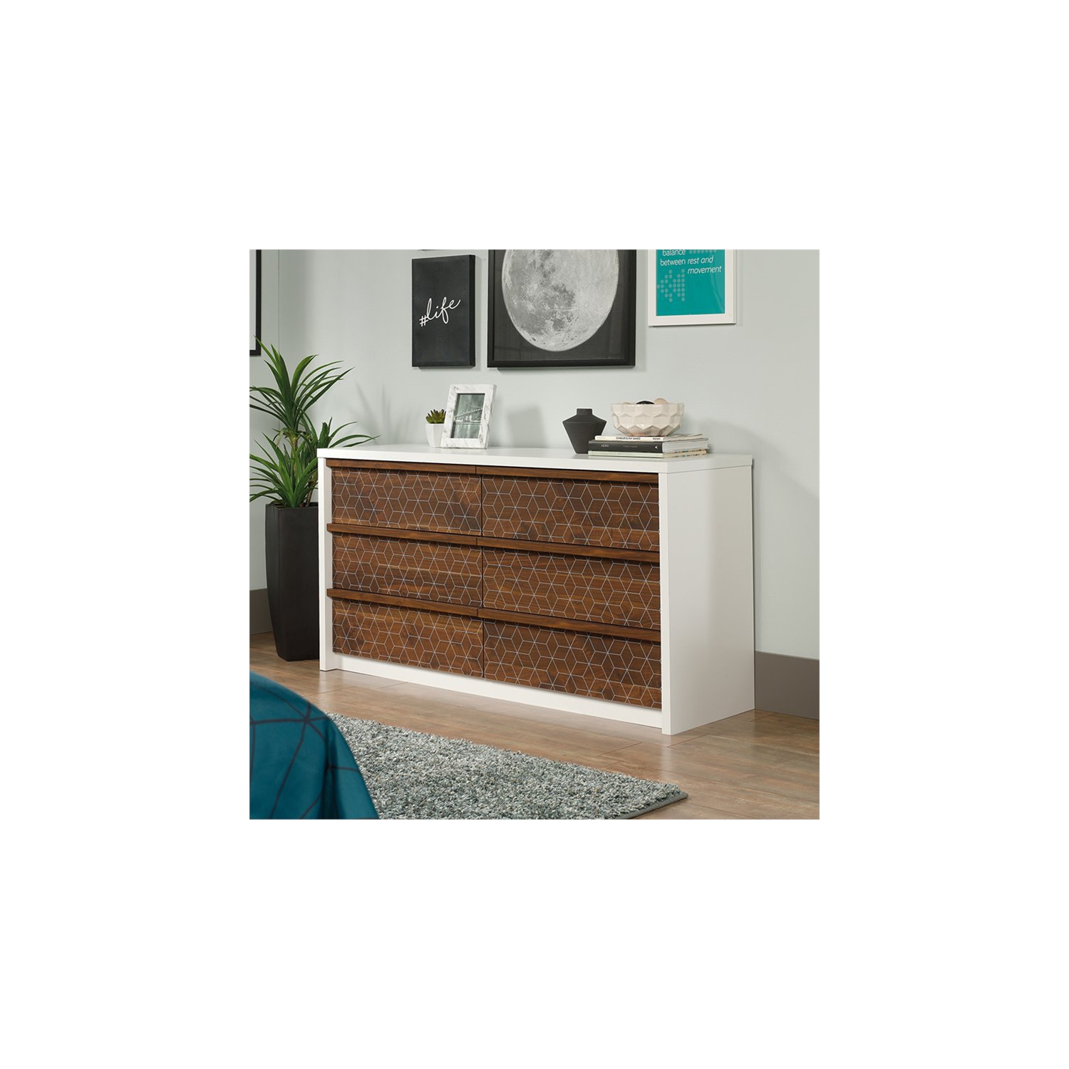 Sauder Harvey Park 6 Drawer Double Dresser in Soft White and Walnut