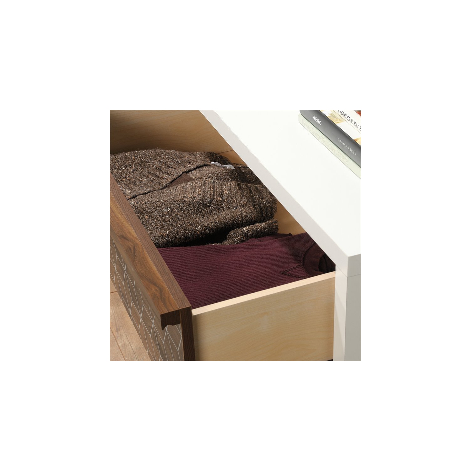 Sauder Harvey Park 6 Drawer Double Dresser in Soft White and Walnut