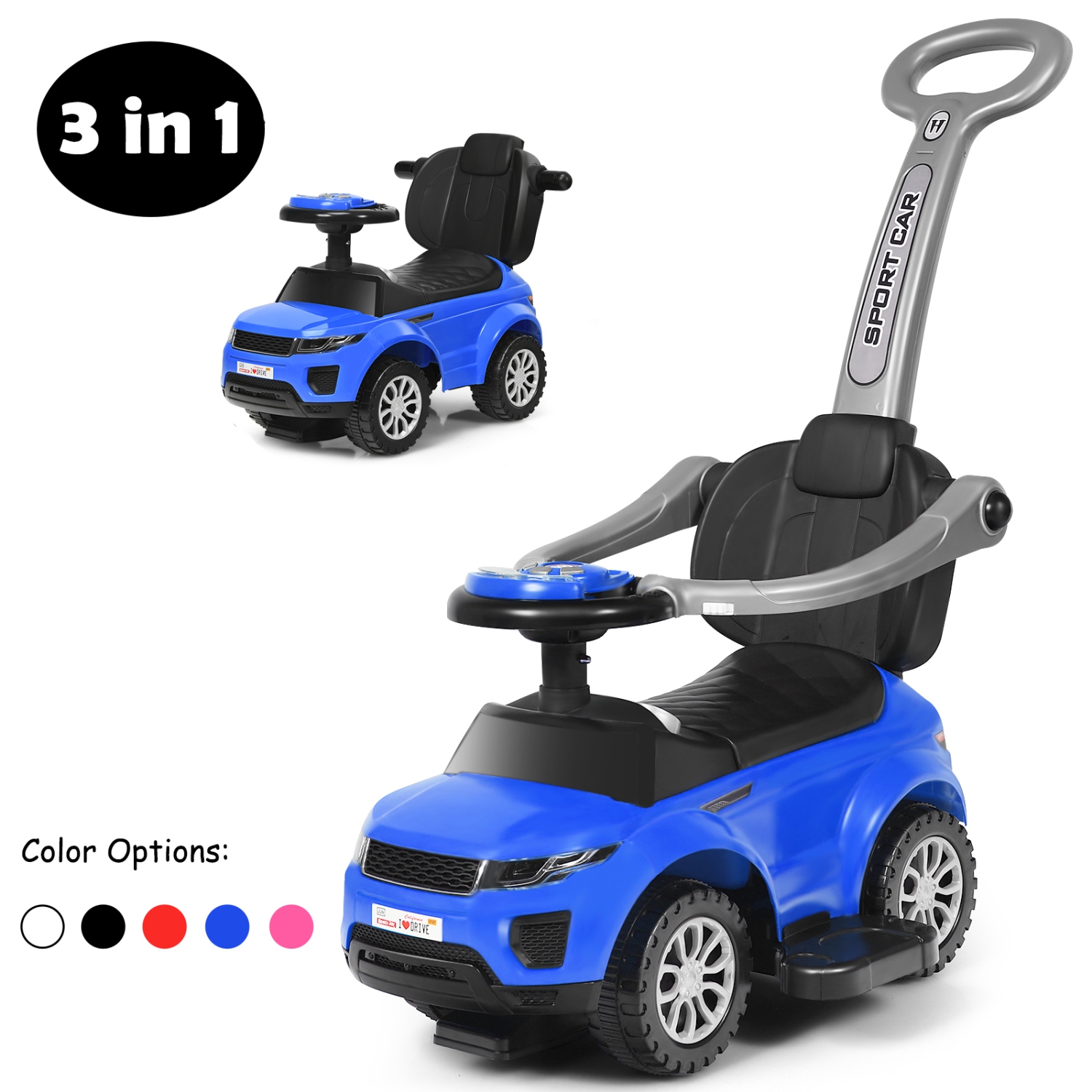 3 in 1 Kids Ride on Push Car Stroller Sliding Walking Car with Horn&Music&Light WhiteBlackBluePinkRed