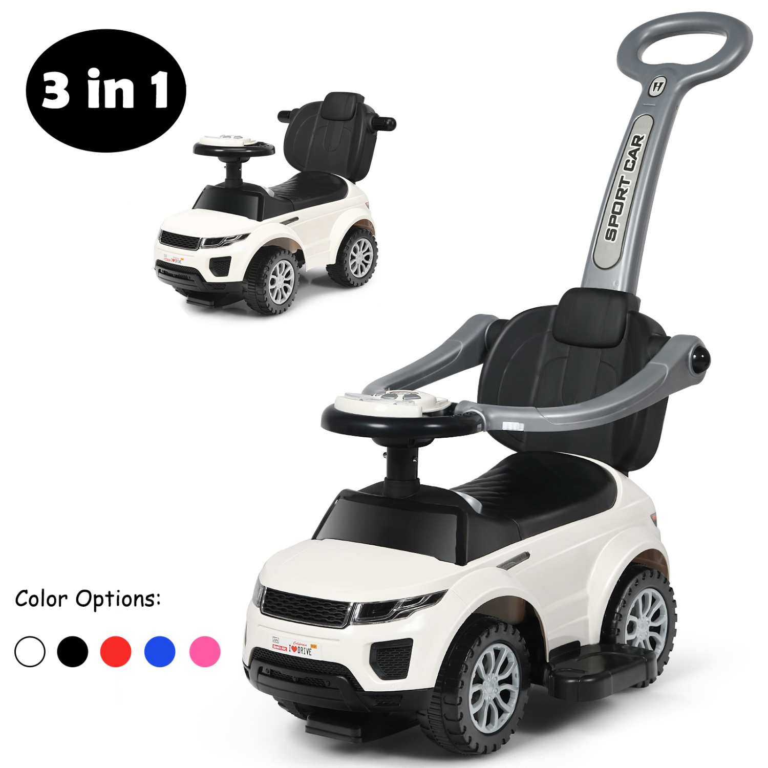 3 in 1 Kids Ride on Push Car Stroller Sliding Walking Car with Horn&Music&Light WhiteBlackBluePinkRed