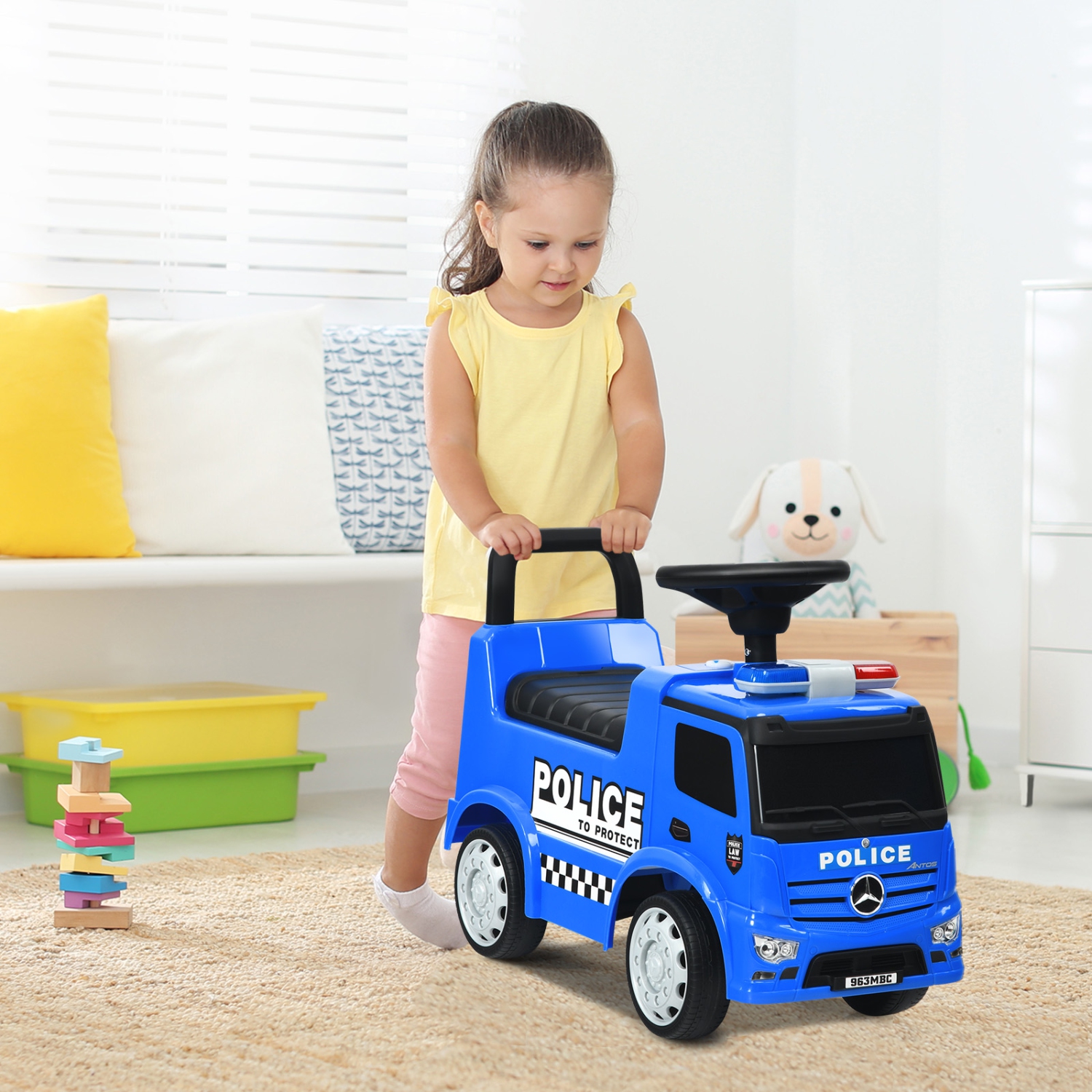 Topbuy Kids Ride On Police Car 2-in-1 Toddler Push Car w/Storage Space Indoor & Outdoor Use Blue