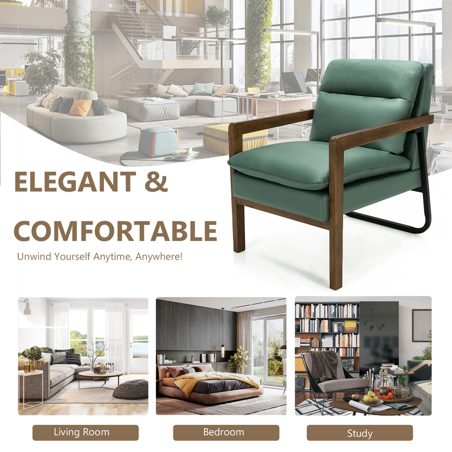 Gymax Set of 2 Single Sofa Chair Leisure Accent Chair w/ Wooden Armrests & Legs Green