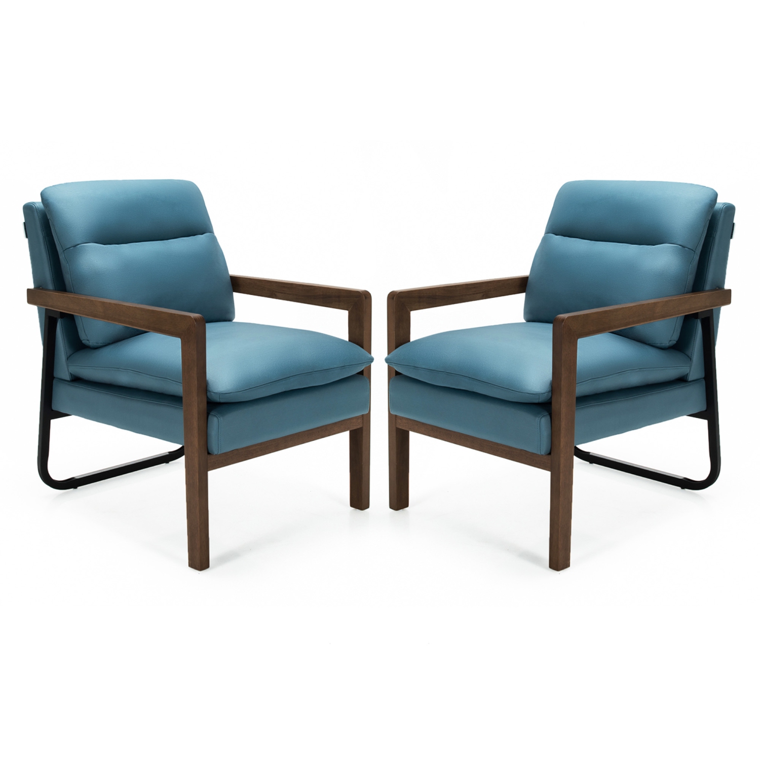 Marque Gymax Lot de 2 fauteuils de canapé simples Chaise d'appoint de loisirs avec accoudoirs et pieds en bois Bleu