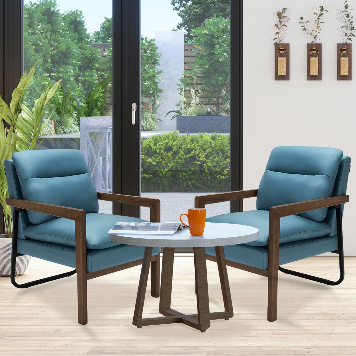 Marque Gymax Lot de 2 fauteuils de canapé simples Chaise d'appoint de loisirs avec accoudoirs et pieds en bois Bleu