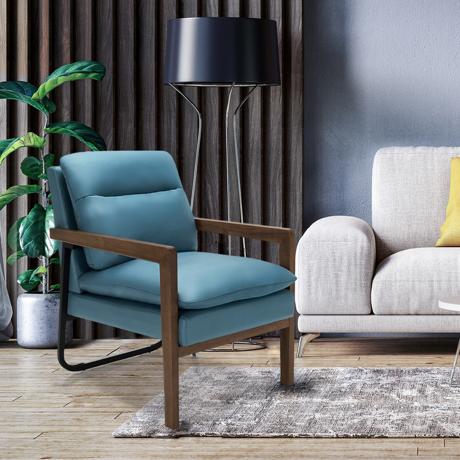 Marque Gymax Lot de 2 fauteuils de canapé simples Chaise d'appoint de loisirs avec accoudoirs et pieds en bois Bleu