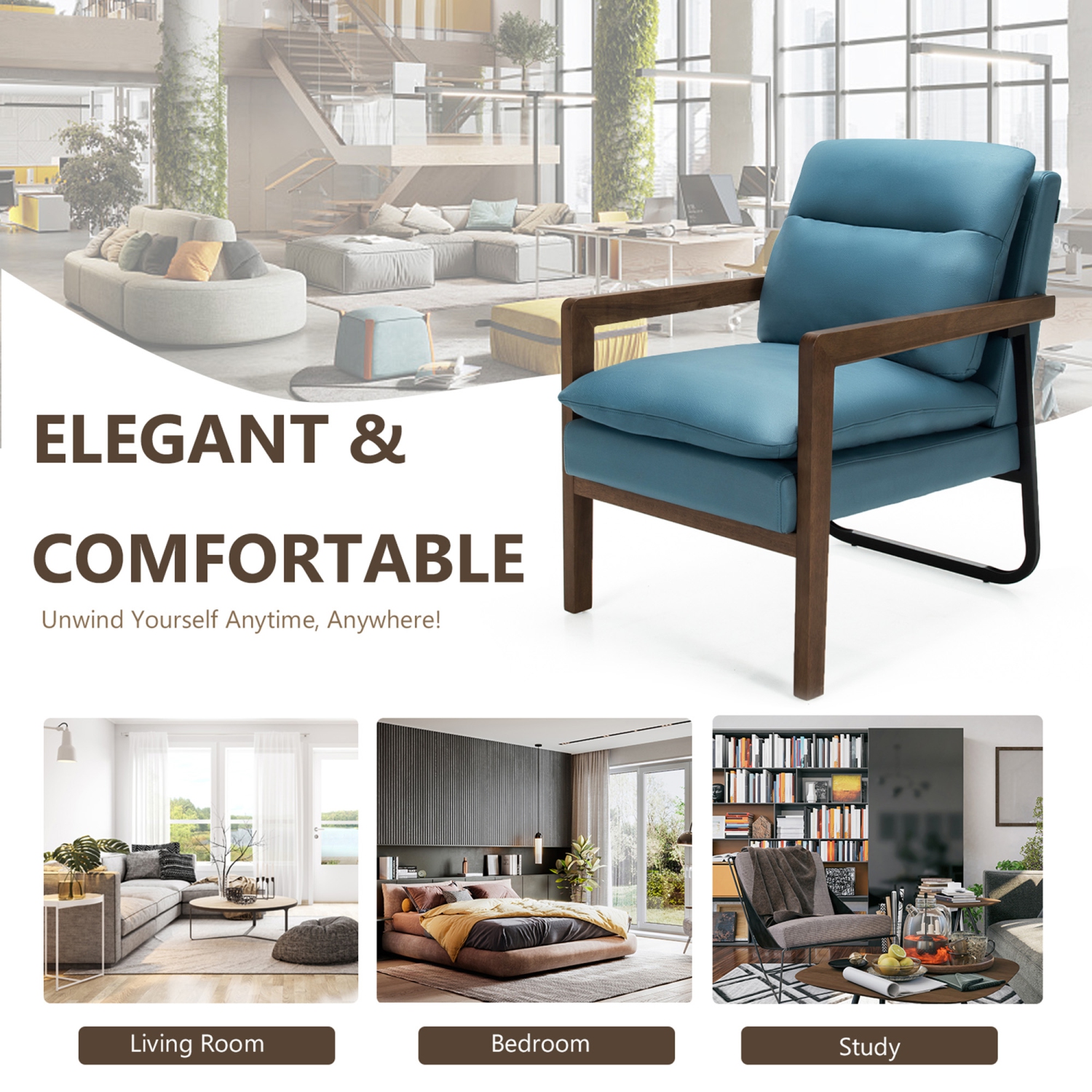 Marque Gymax Lot de 2 fauteuils de canapé simples Chaise d'appoint de loisirs avec accoudoirs et pieds en bois Bleu