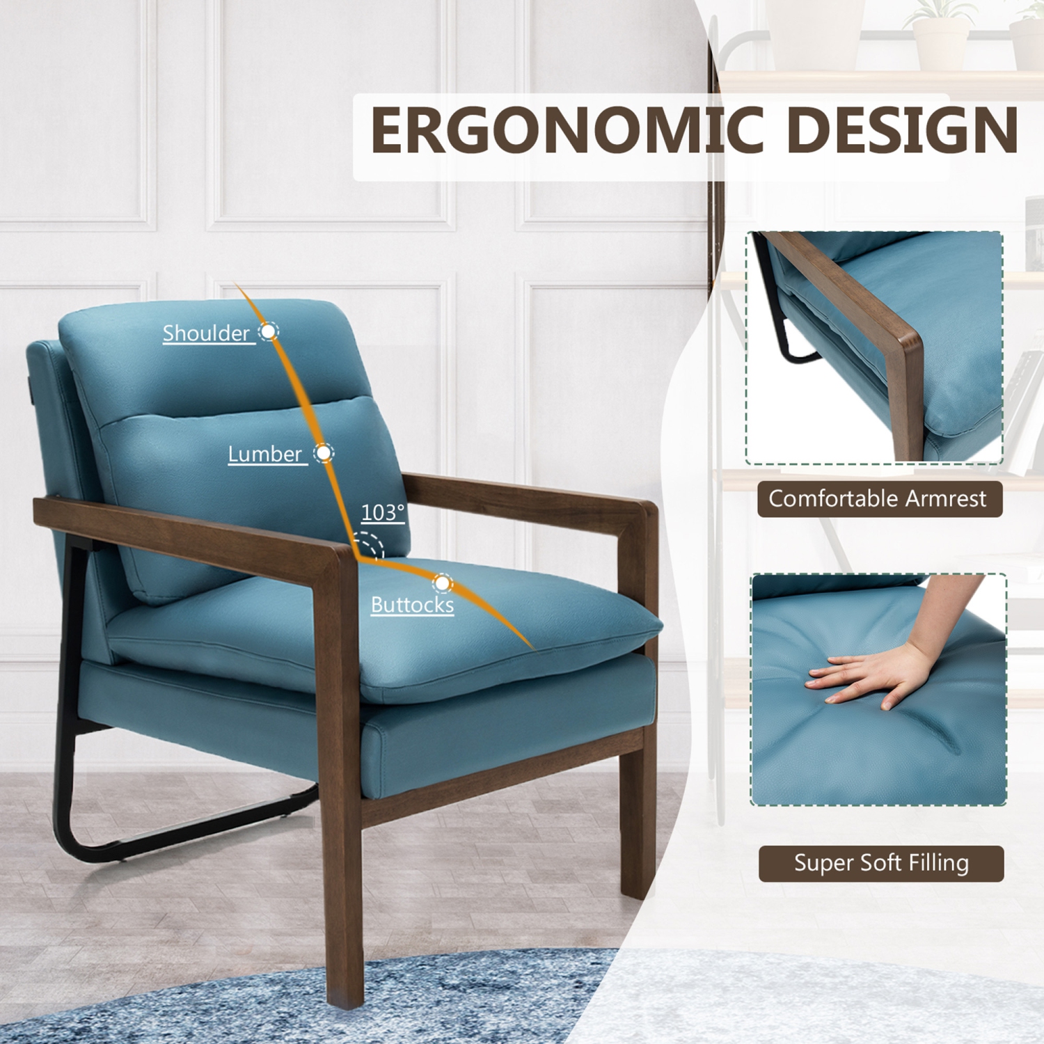 Marque Gymax Lot de 2 fauteuils de canapé simples Chaise d'appoint de loisirs avec accoudoirs et pieds en bois Bleu