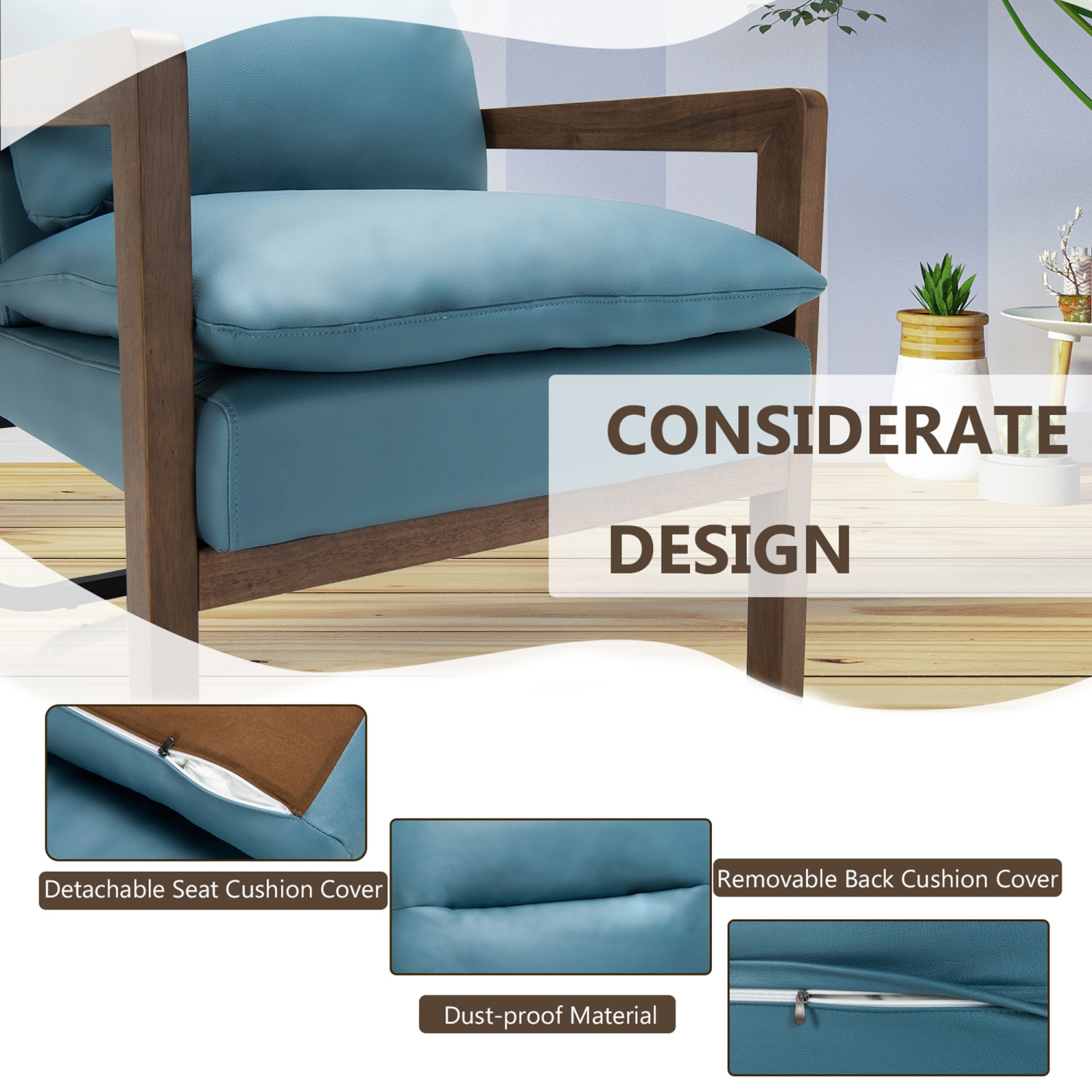 Marque Gymax Lot de 2 fauteuils de canapé simples Chaise d'appoint de loisirs avec accoudoirs et pieds en bois Bleu