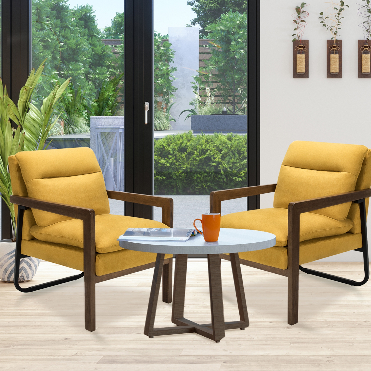 Gymax Set of 2 Single Sofa Chair Leisure Accent Chair w/ Wooden Armrests & Legs Yellow