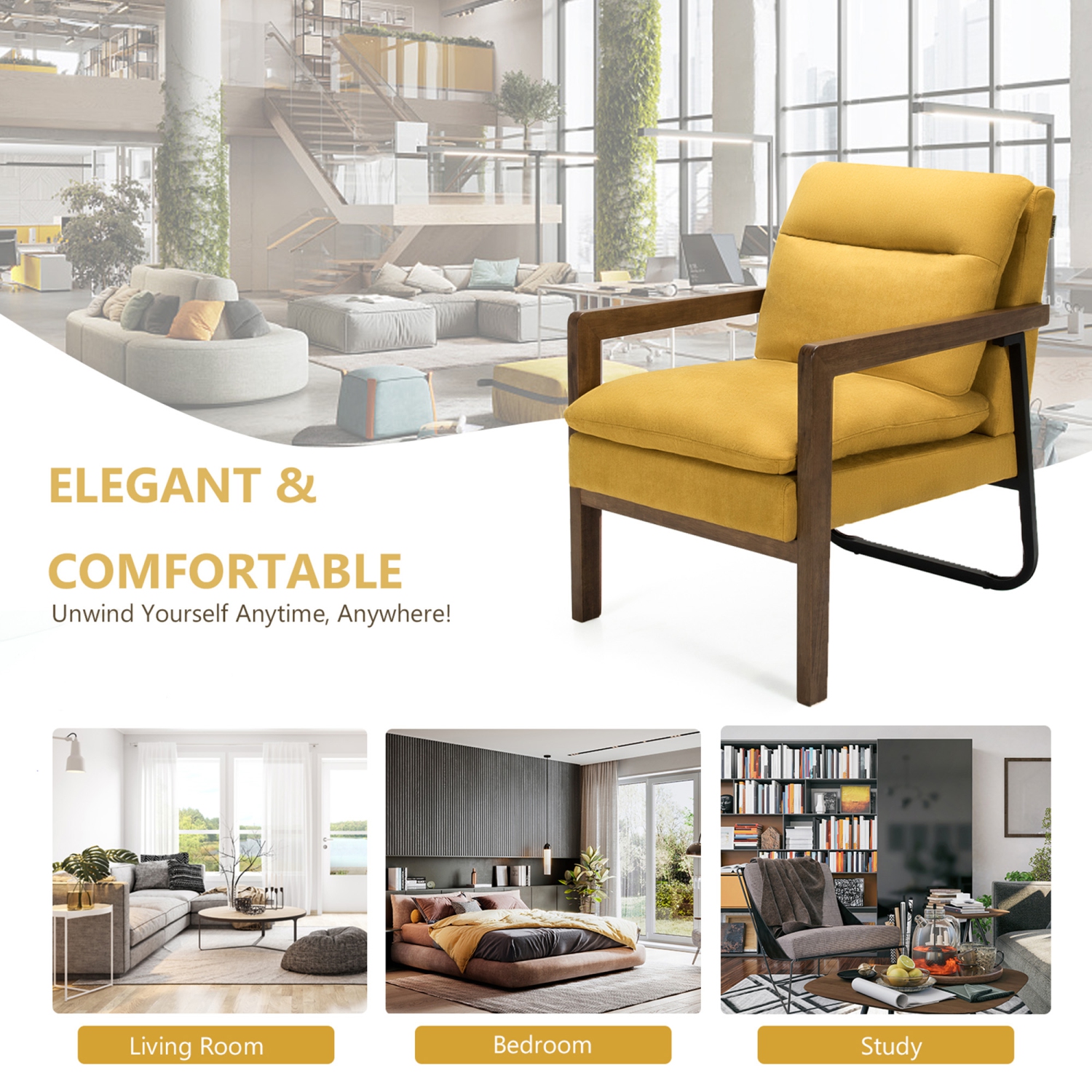 Gymax Set of 2 Single Sofa Chair Leisure Accent Chair w/ Wooden Armrests & Legs Yellow