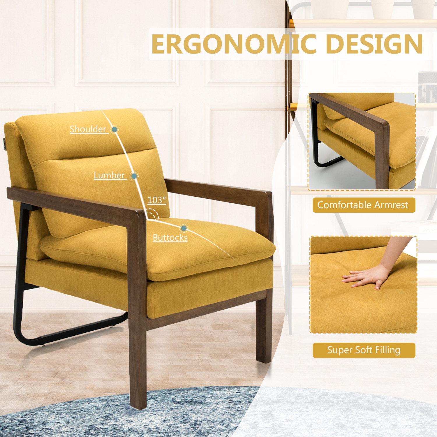 Gymax Set of 2 Single Sofa Chair Leisure Accent Chair w/ Wooden Armrests & Legs Yellow