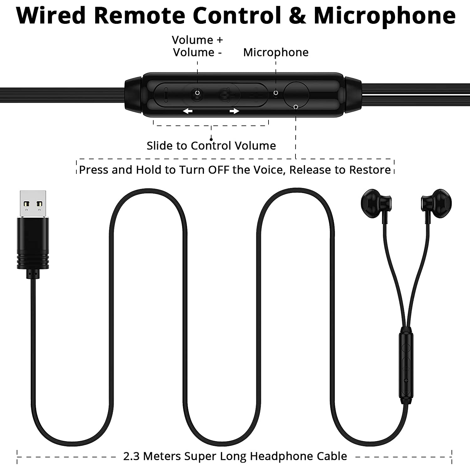 Dolaer USB Computer Headset with Microphone, Magnetic Wired Earphones for PC 7.5FT Long Cord, in-Ear Headphones with HiFi Stereo Bass Sound for