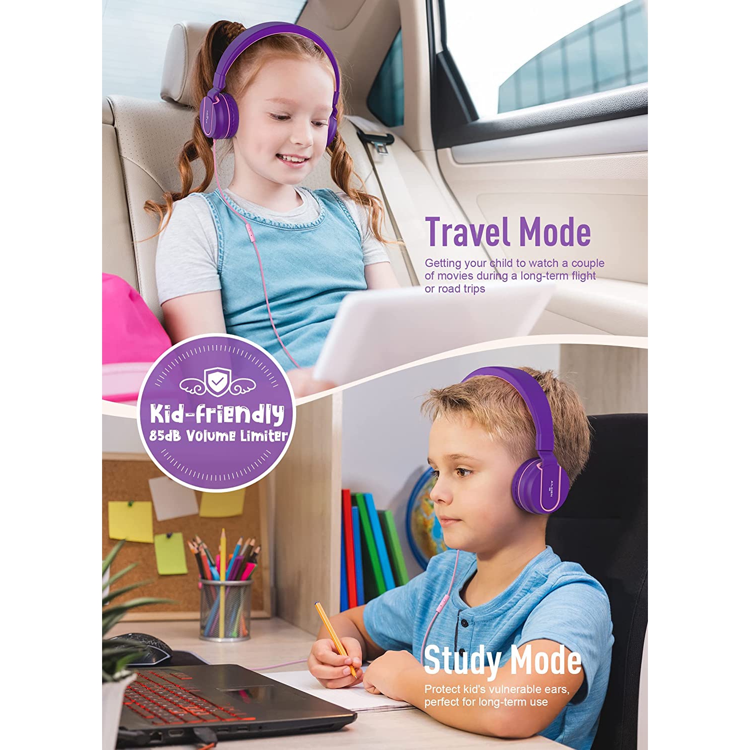 Dolaer I35 Kid Headphones with Microphone Volume Limited 85dB Children Girls Boys Teen Lightweight Foldable Wired Headset for School Online Course