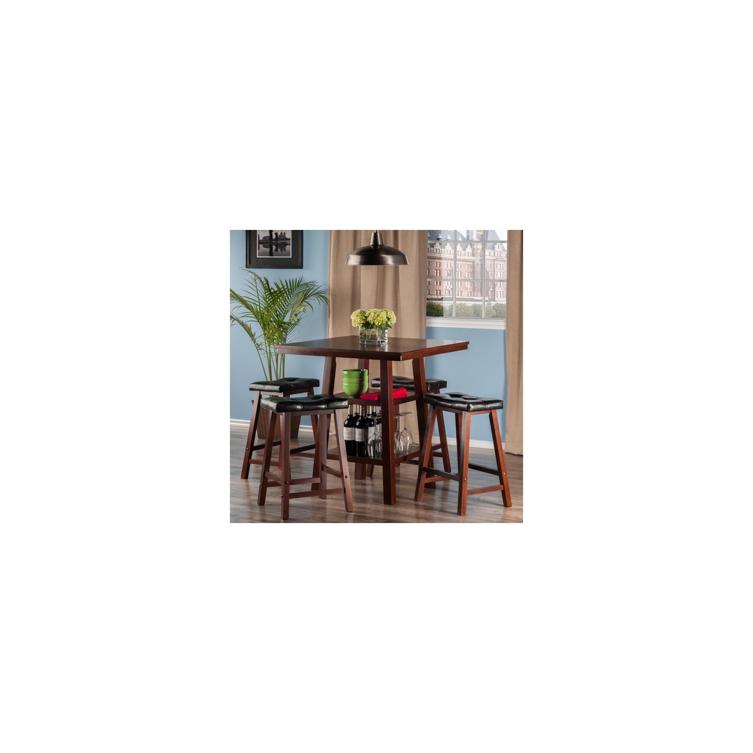Orlando 5-Pc High Table with Cushion Seat Counter Stools, Walnut and Black