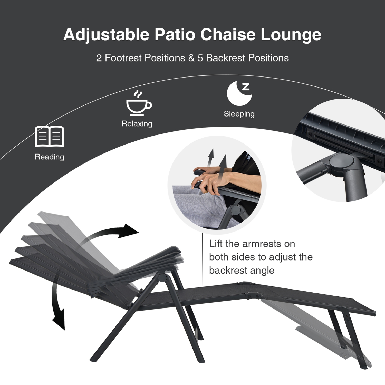 Costway Patio Folding Chaise Lounge Chair Outdoor Portable Reclining Lounger Beach Black\Brown\Grey