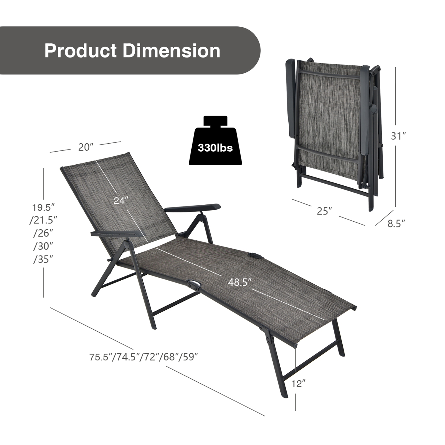 Costway Patio Folding Chaise Lounge Chair Outdoor Portable Reclining Lounger Beach Black\Brown\Grey