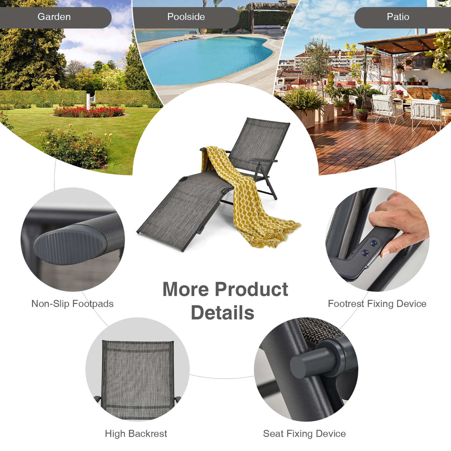 Costway Patio Folding Chaise Lounge Chair Outdoor Portable Reclining Lounger Beach Black\Brown\Grey