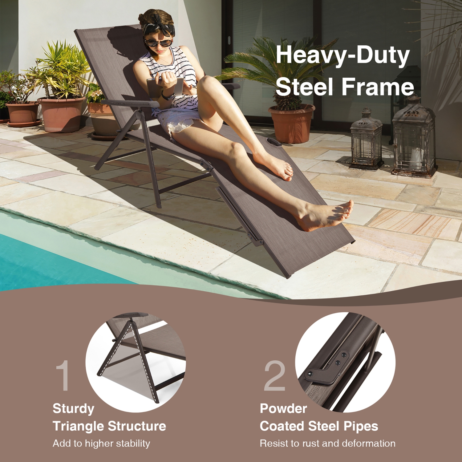 Costway Patio Folding Chaise Lounge Chair Outdoor Portable Reclining Lounger Beach Black\Brown\Grey