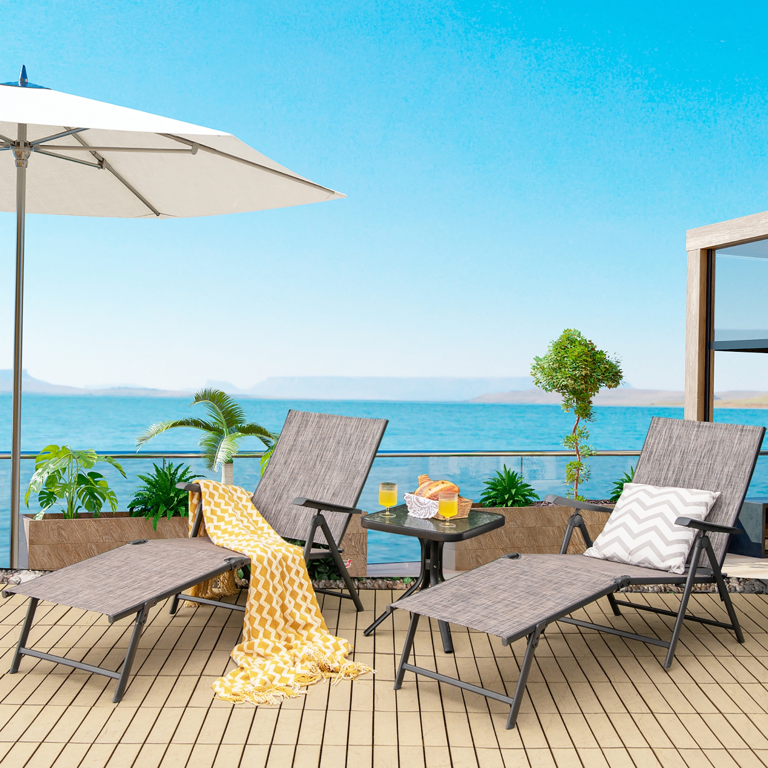 Costway Patio 2 PCS Folding Chaise Lounge Chair Outdoor Portable Reclining Lounger Grey\Brown\Black