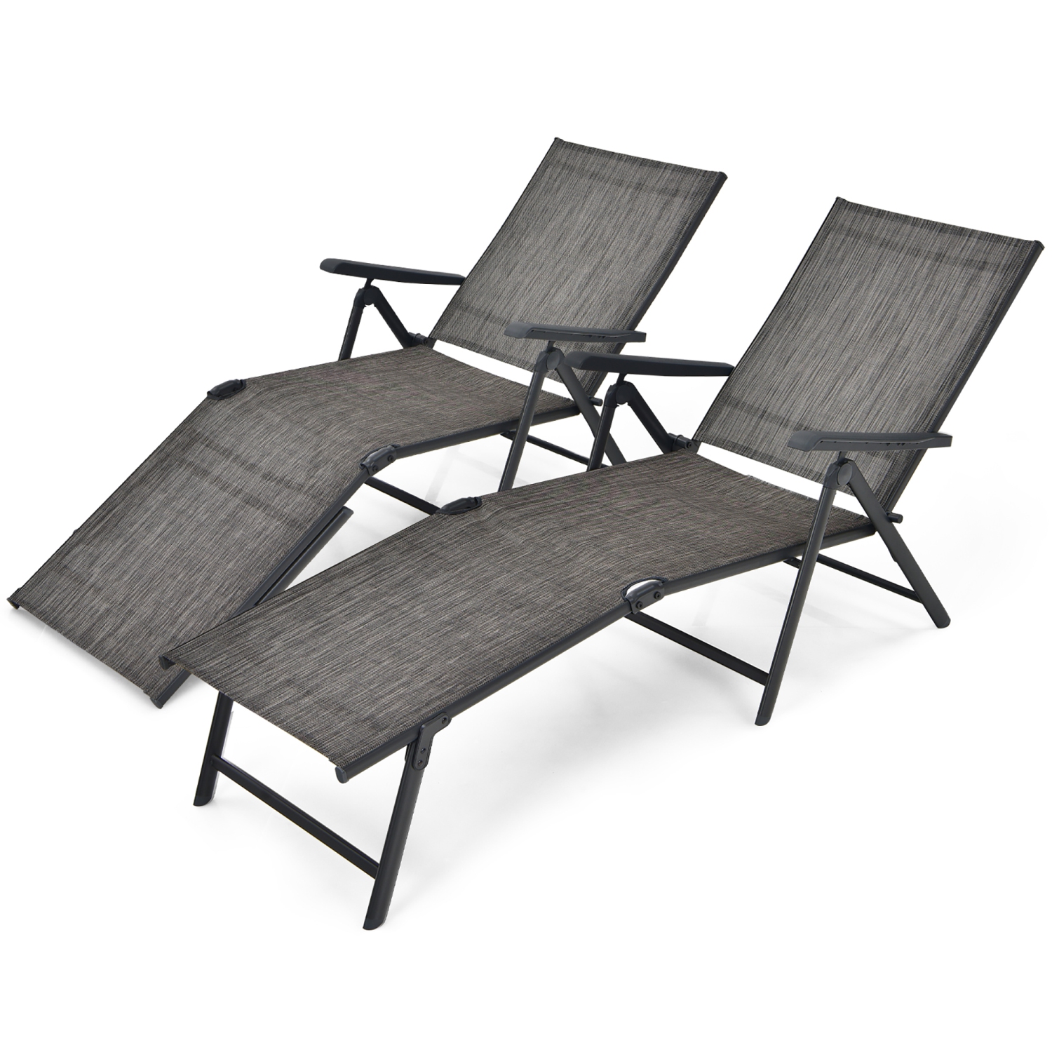 Costway Patio 2 PCS Folding Chaise Lounge Chair Outdoor Portable Reclining Lounger Grey\Brown\Black