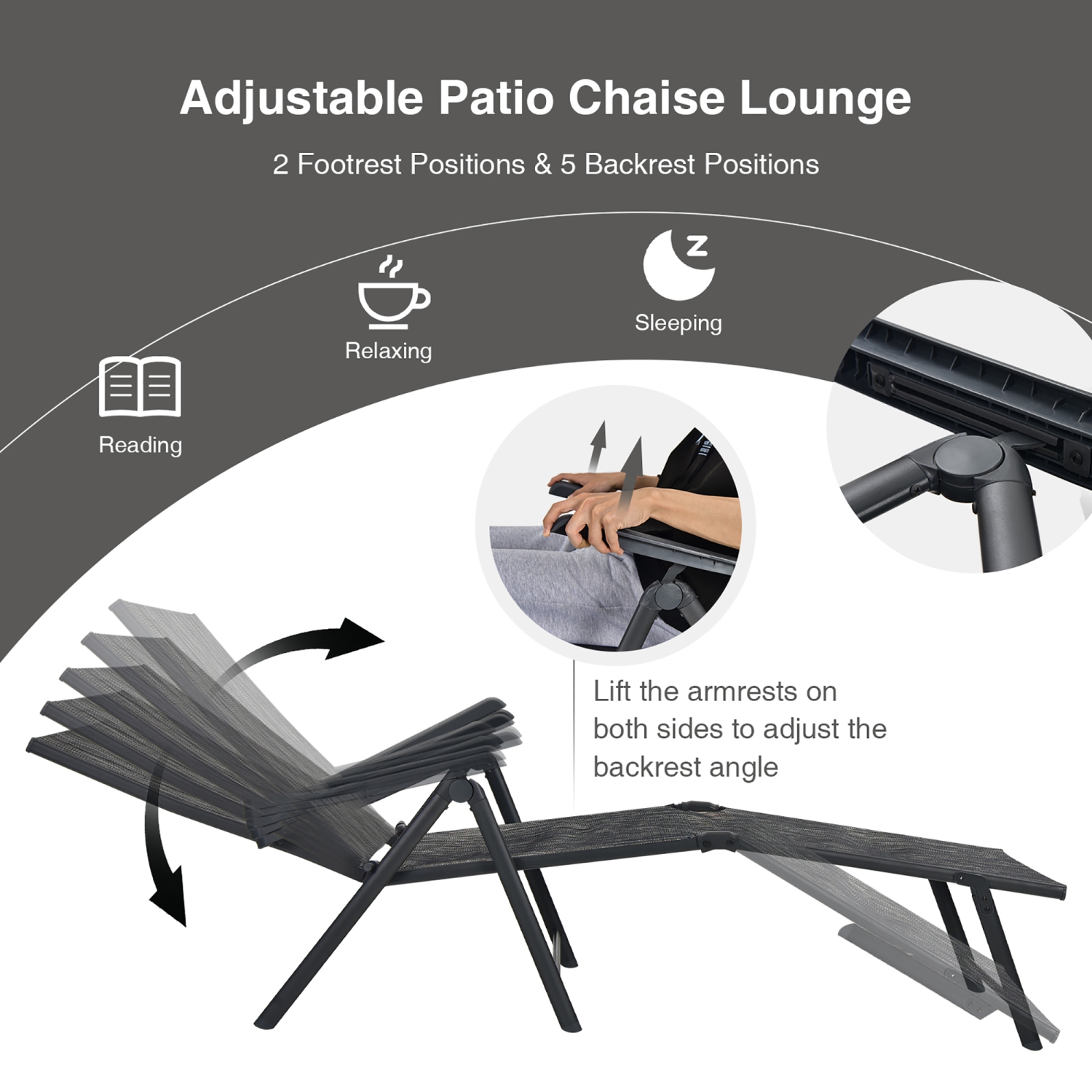 Costway Patio 2 PCS Folding Chaise Lounge Chair Outdoor Portable Reclining Lounger Grey\Brown\Black