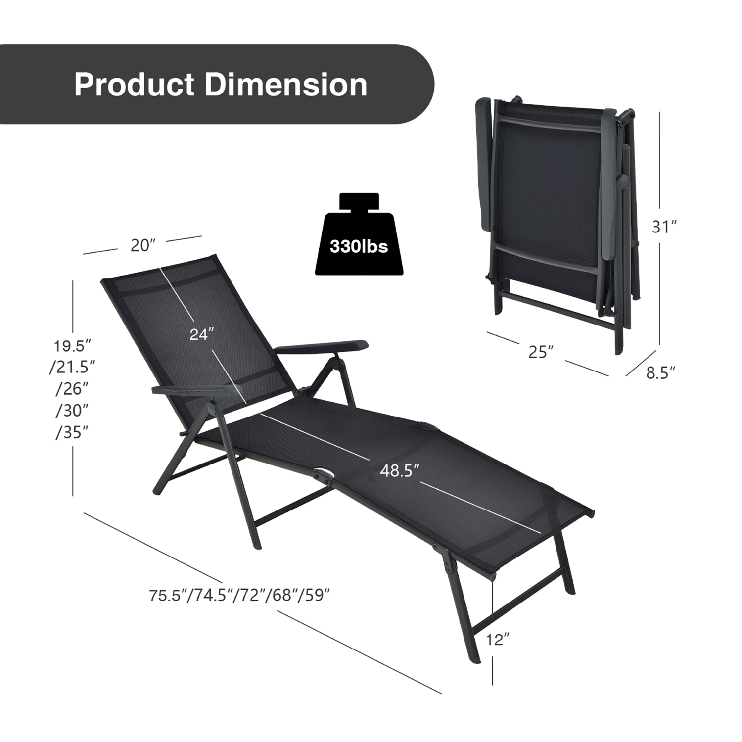 Costway Patio 2 PCS Folding Chaise Lounge Chair Outdoor Portable Reclining Lounger Grey\Brown\Black