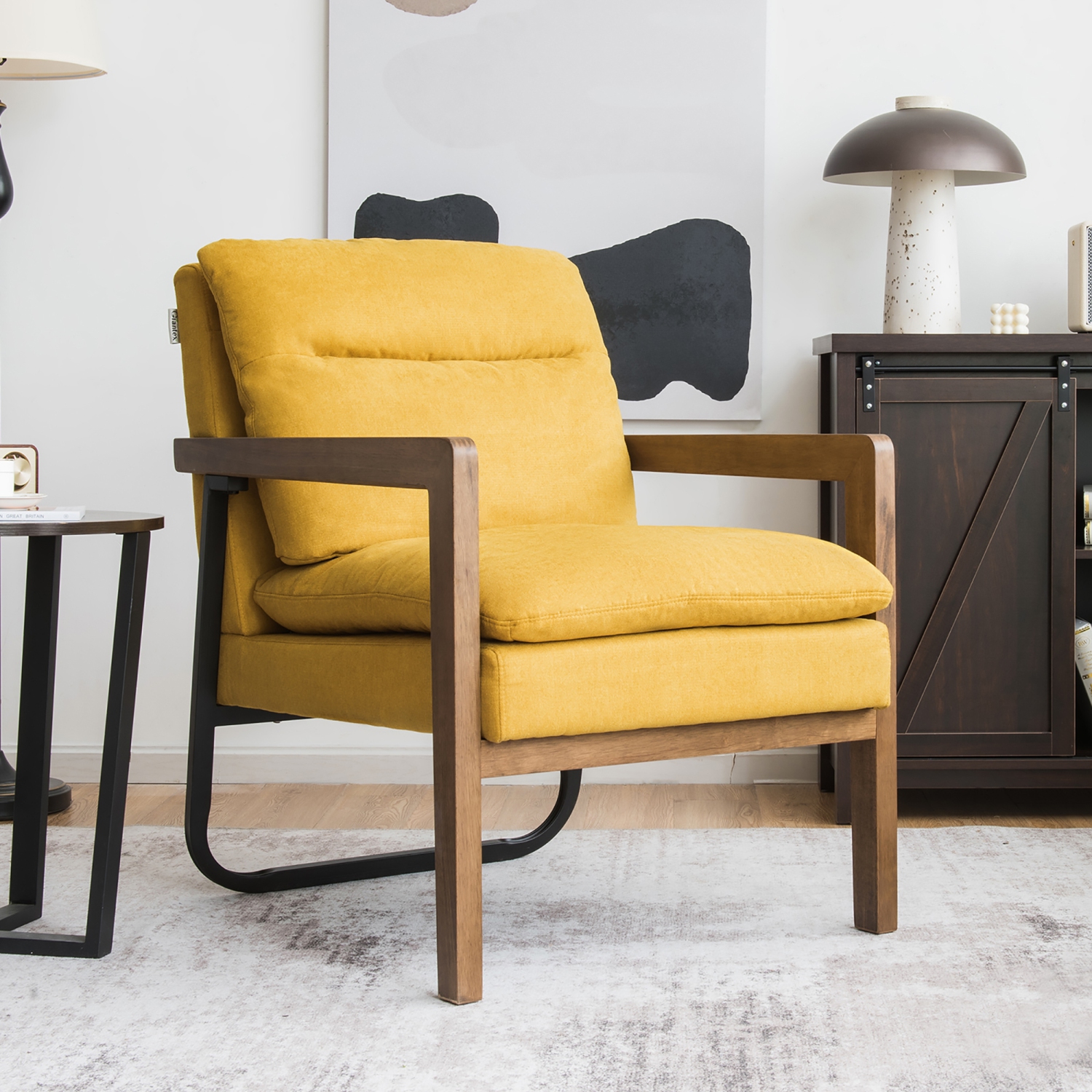 Costway Modern Accent Armchair Lounge Chair w/ Rubber Wood Legs & Steel Bracket Yellow
