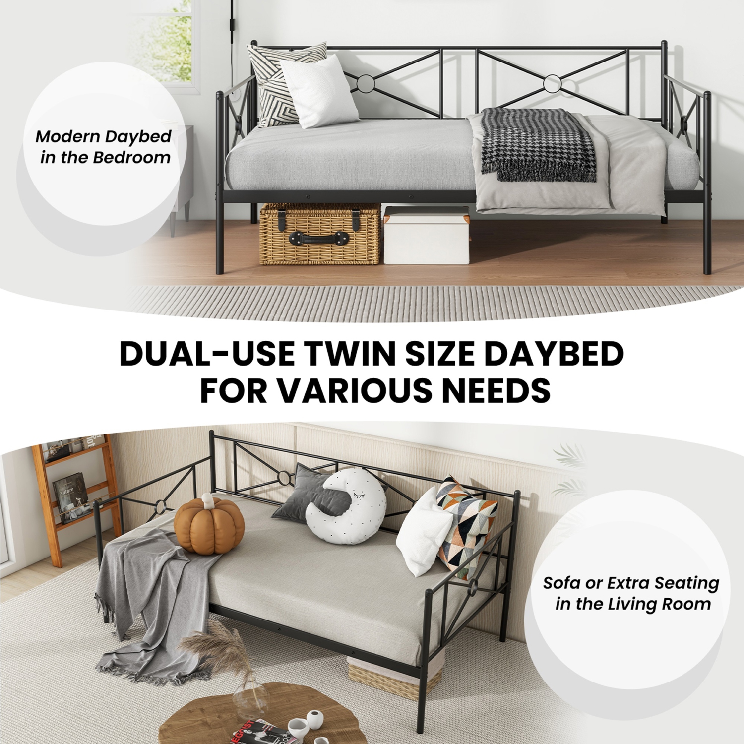 Costway Metal Daybed Frame Twin Size Slat Support Mattress Foundation Living Room White\Black\Silver