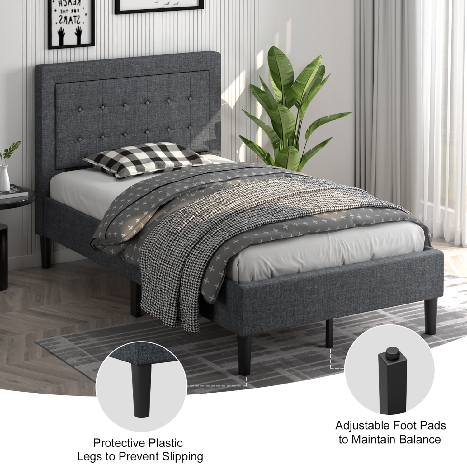Costway Twin Size Upholstered Bed Frame Button Tufted Headboard Mattress Foundation Grey