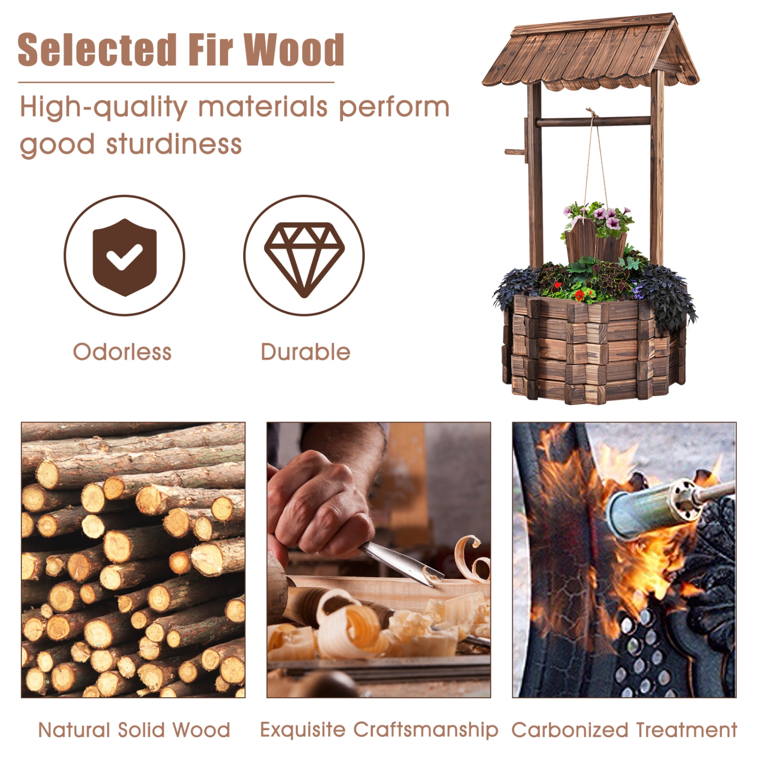 Topbuy Outdoor Wooden Wishing Well Garden Bucket Flower Plants Planter Patio Garden Home Decor