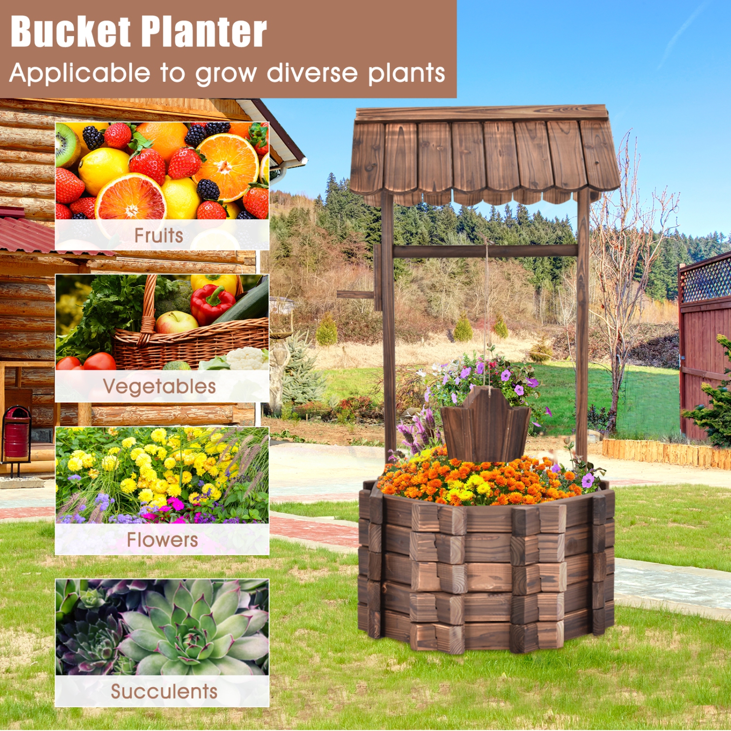 Topbuy Outdoor Wooden Wishing Well Garden Bucket Flower Plants Planter Patio Garden Home Decor