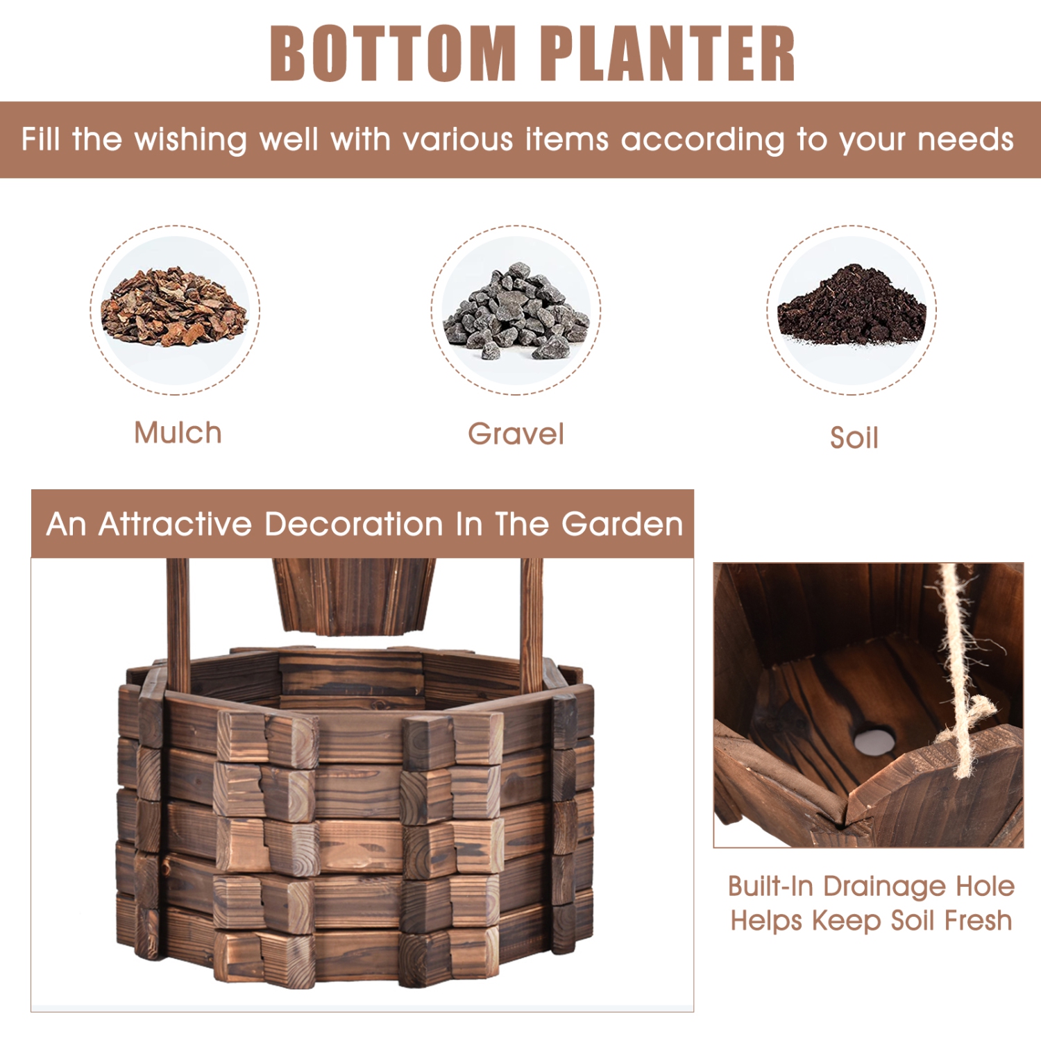 Topbuy Outdoor Wooden Wishing Well Garden Bucket Flower Plants Planter Patio Garden Home Decor