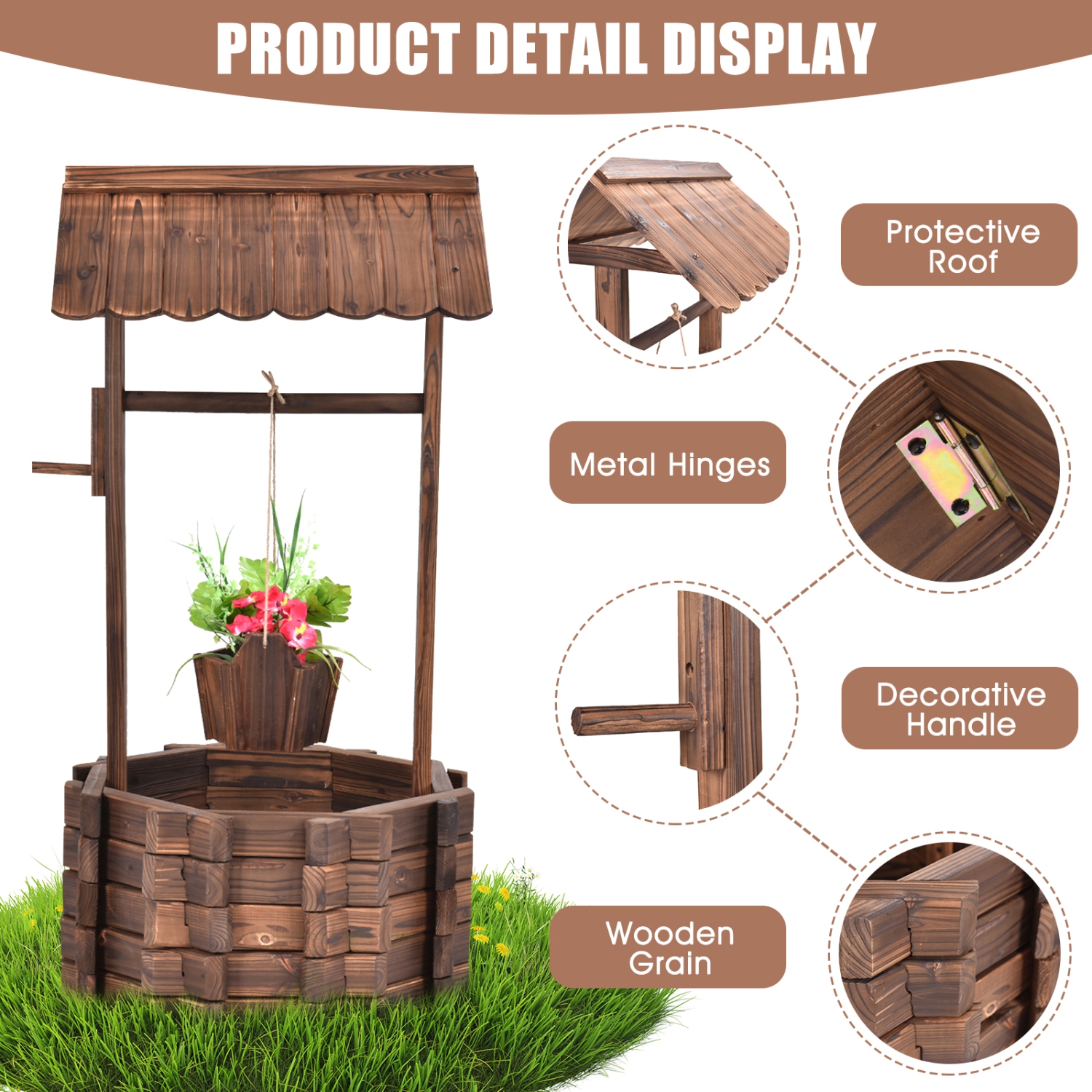 Topbuy Outdoor Wooden Wishing Well Garden Bucket Flower Plants Planter Patio Garden Home Decor