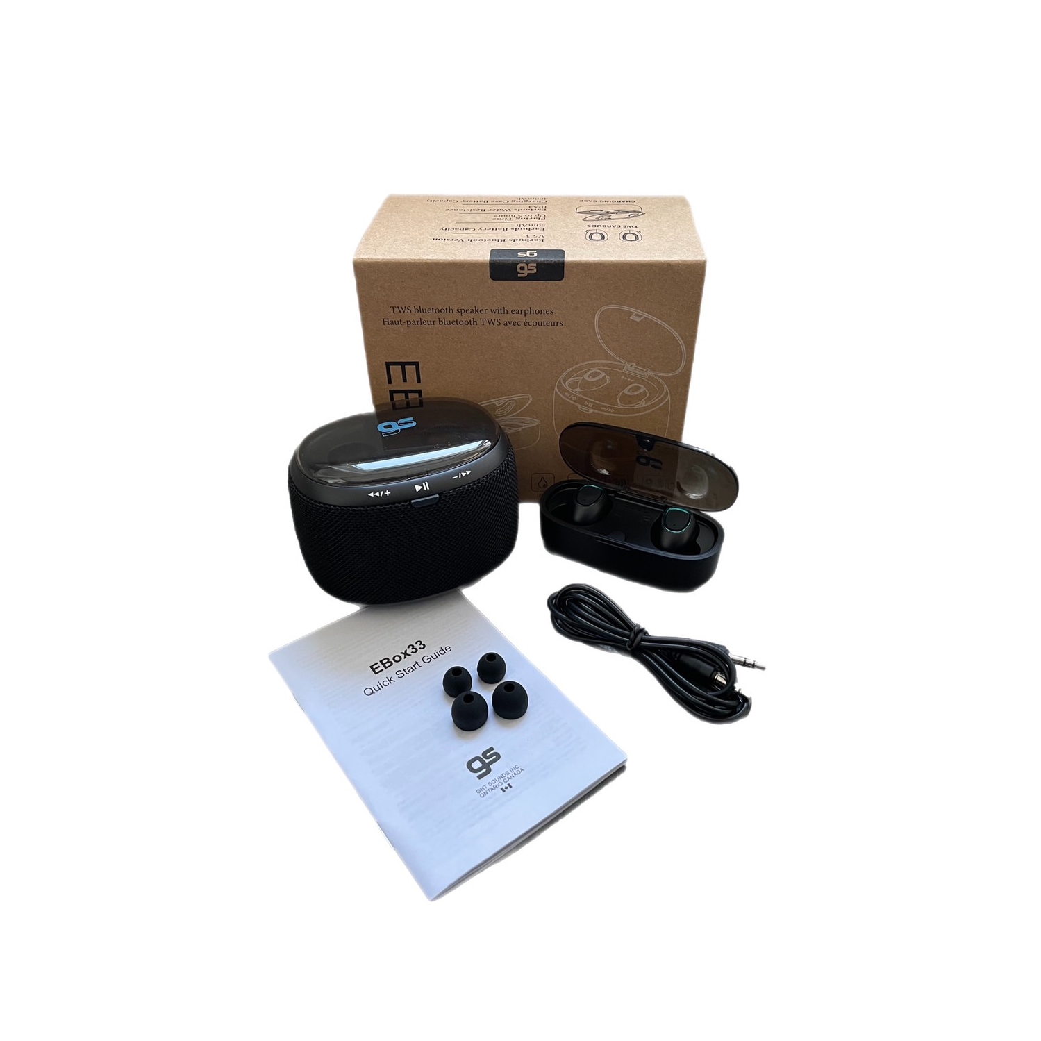 GS EBox33 Bluetooth V5.0 Speaker with TWS Bluetooth V5.3 Earbuds , Black colour, Built-in Lithium battery, speaker size: 90*70*70mm